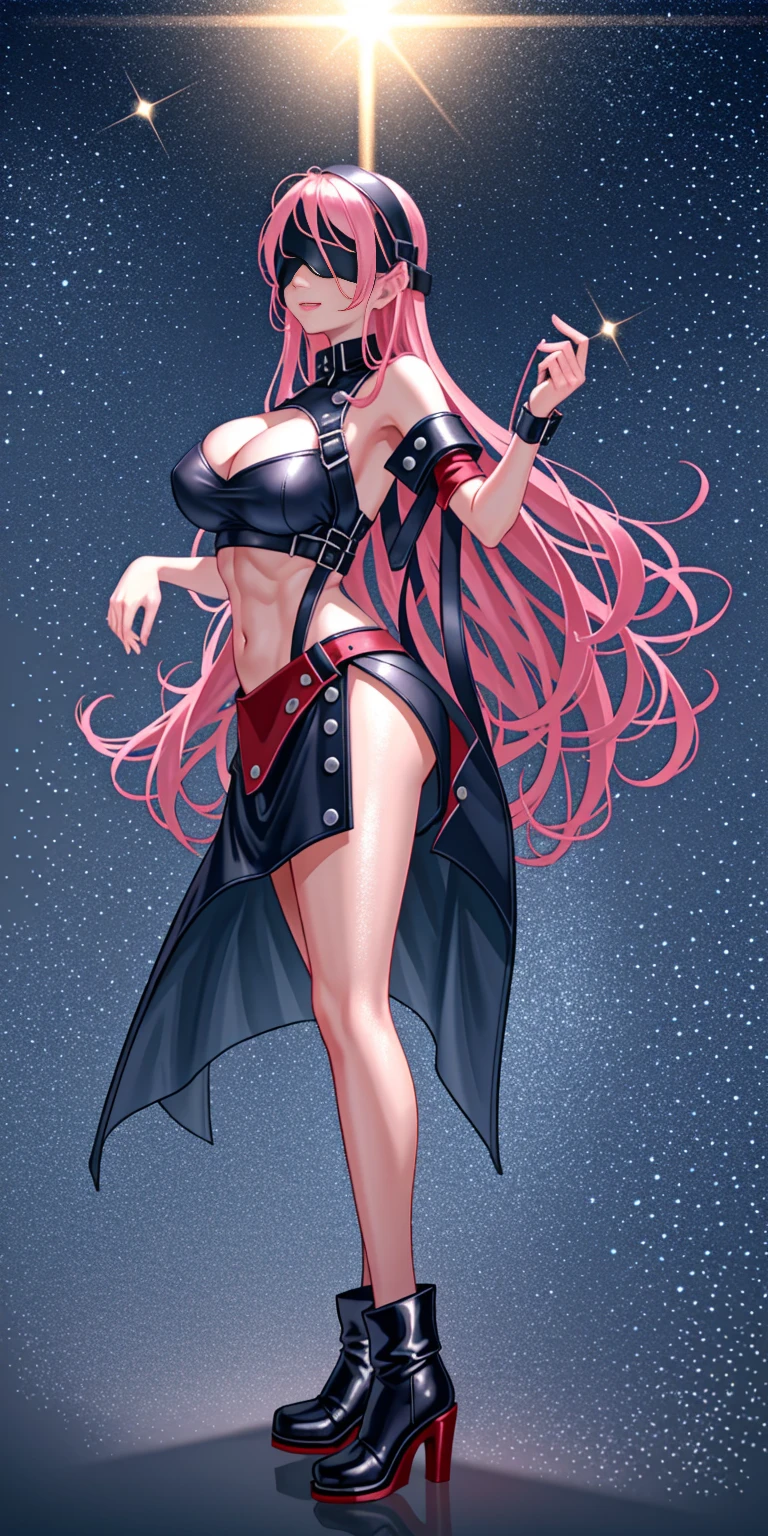 (masterpiece, HI quality: 1.1) 1girl full body standing good face, nice ass, hairstyle: braid, Color Hair: long hair, Blindfolded: NO EYES, Skin: White (porcelain skin, sparkly skin), muscular, thighs, Mature woman, Abs, looks at the viewer smiling, extremely huge breasts, maternal, chest cover with clothes