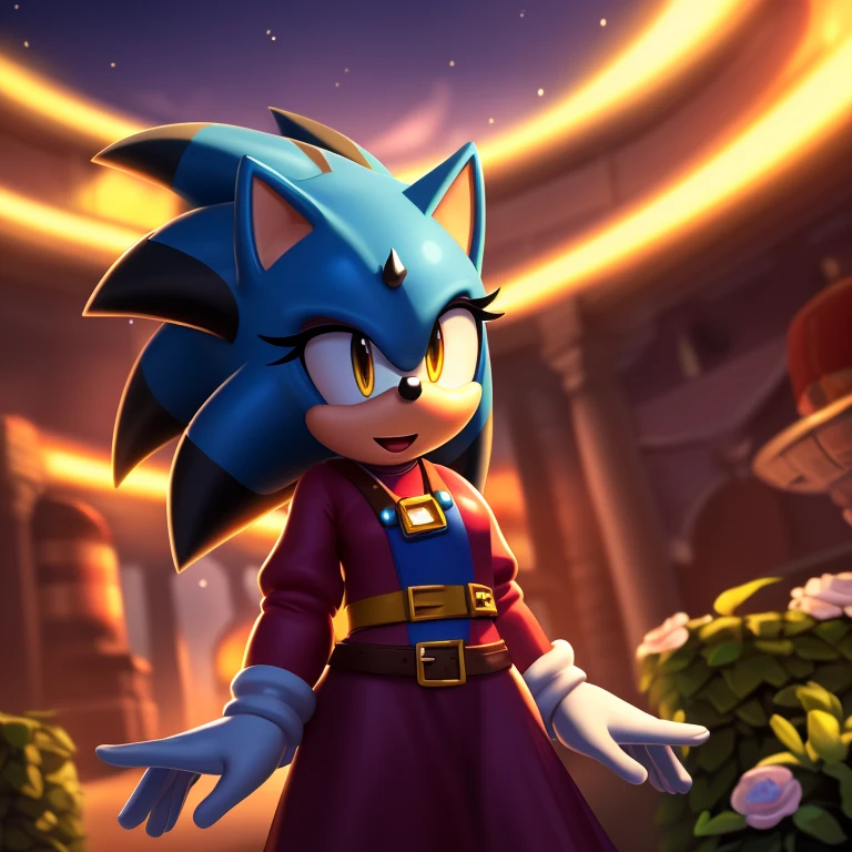 best quality, ultra-detailed, cinematic lighting, beautiful lighting, ((Masterpiece, humanoid hands)), hi res, detailed, detailed background, vibrant lighting, high quality, cartoon style, 2d, (mobian:1.1), solo, 1girl, (blue mobian hedgehog), blue body fur, (blue head spikes, black highlights:1.3), three tails, yellow eyes, lean body, ((mario clothes)), mario world, exited personality, brave,