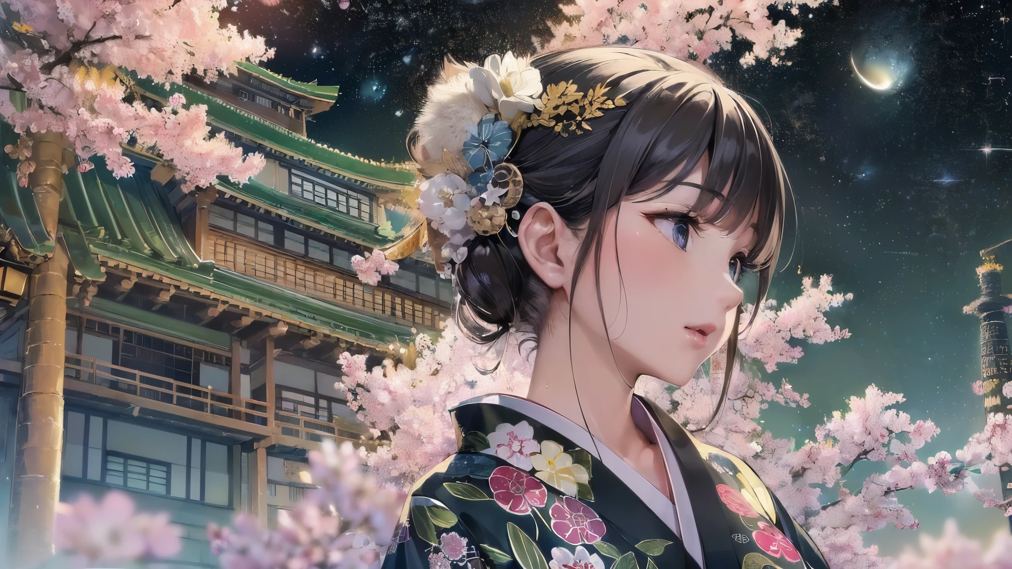 ((highest quality)),(Ultra-high resolution),(Very detailed),(Detailed Description),((The best CG)),(A masterpiece),Ultra-precise art,amazing drawing art,(Japanese-style art with intricate detail:1.5), (Woman in yukata:1.6),(Beautiful and well-proportioned face:1.5),(Looking up at the Milky Way:1.5), (Tanabata decoration:1.6), Tanabata Festival:1.5