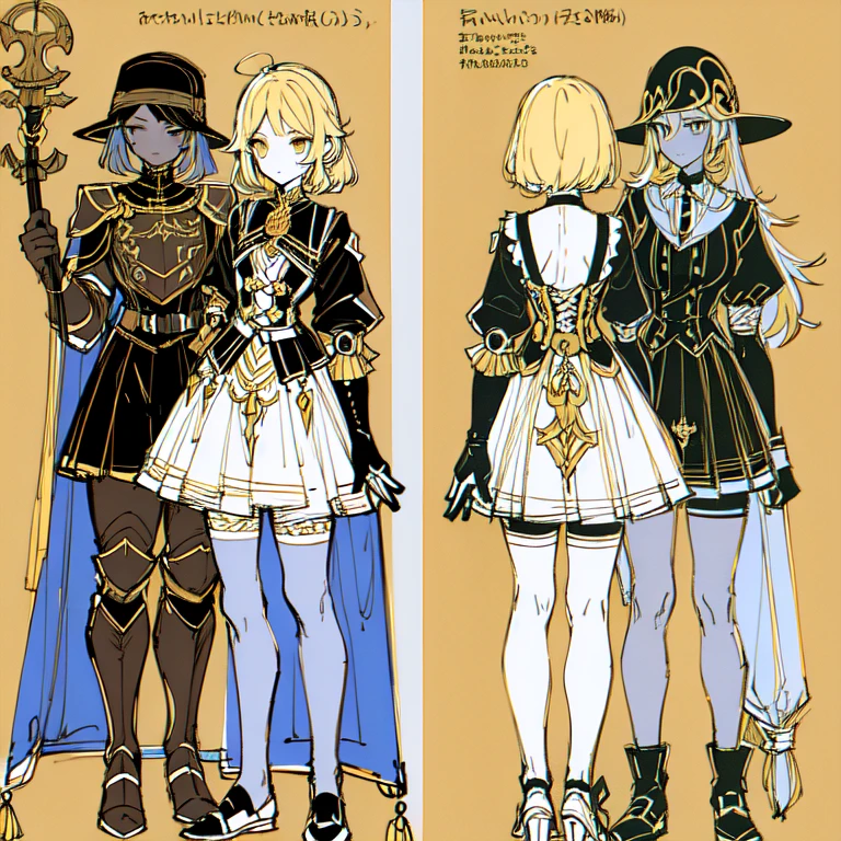 (Character Design Sheet, (((same character))), front, Side, back), 2D anime style, 1 person, asexual, long bangs, golden eyes, Brilliant eyes,cute art style, anime style illustration, from Kamagurka, in pixiv, pixiv style, pixiv, whole body commission, knight, dark skin, soldier