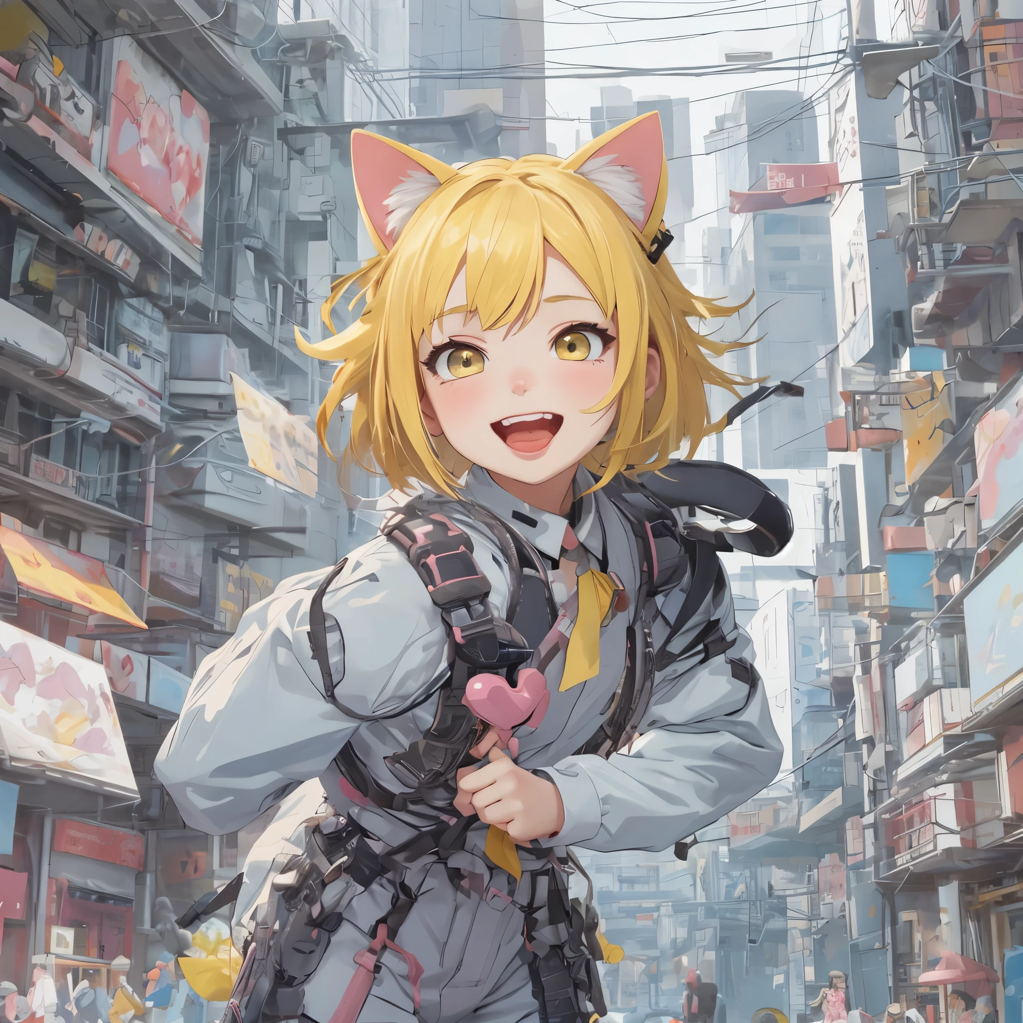 1 girl, pastelcolor, yellow hair strokes, Cyan eyes, short detailed hair, Small cat ears, Cyberpunk clothes, There are a lot of hairpins in the hair, Shoulders open, Hands open, Slimming the waist, A happy smile with a long tongue sticking out, Long tongue, whole-length, legsupms, Reference, Anime reference, Reference roles from different angles, white backgrounid