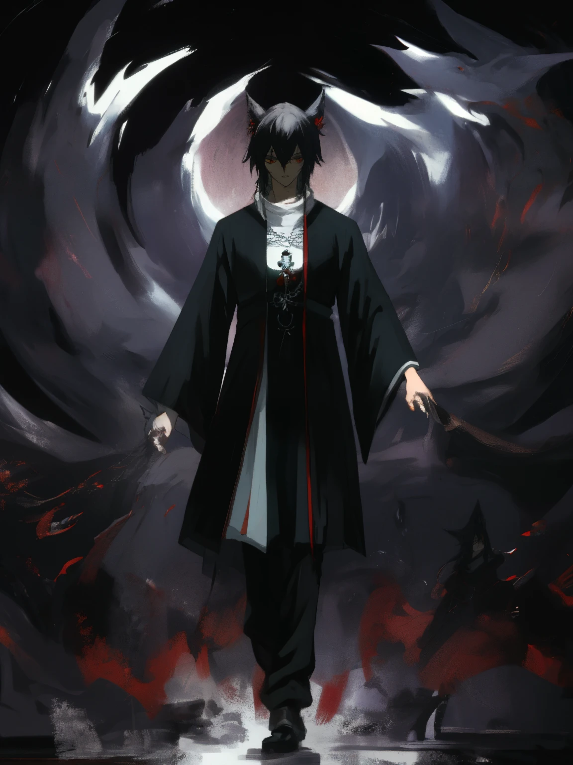 ((masterpiece, best quality)) Kitsune, male, black long hair, handsome, slender, dark priest with balck and red cloack, fox ears, red eyes, cultist, black crown, solo, one character, 