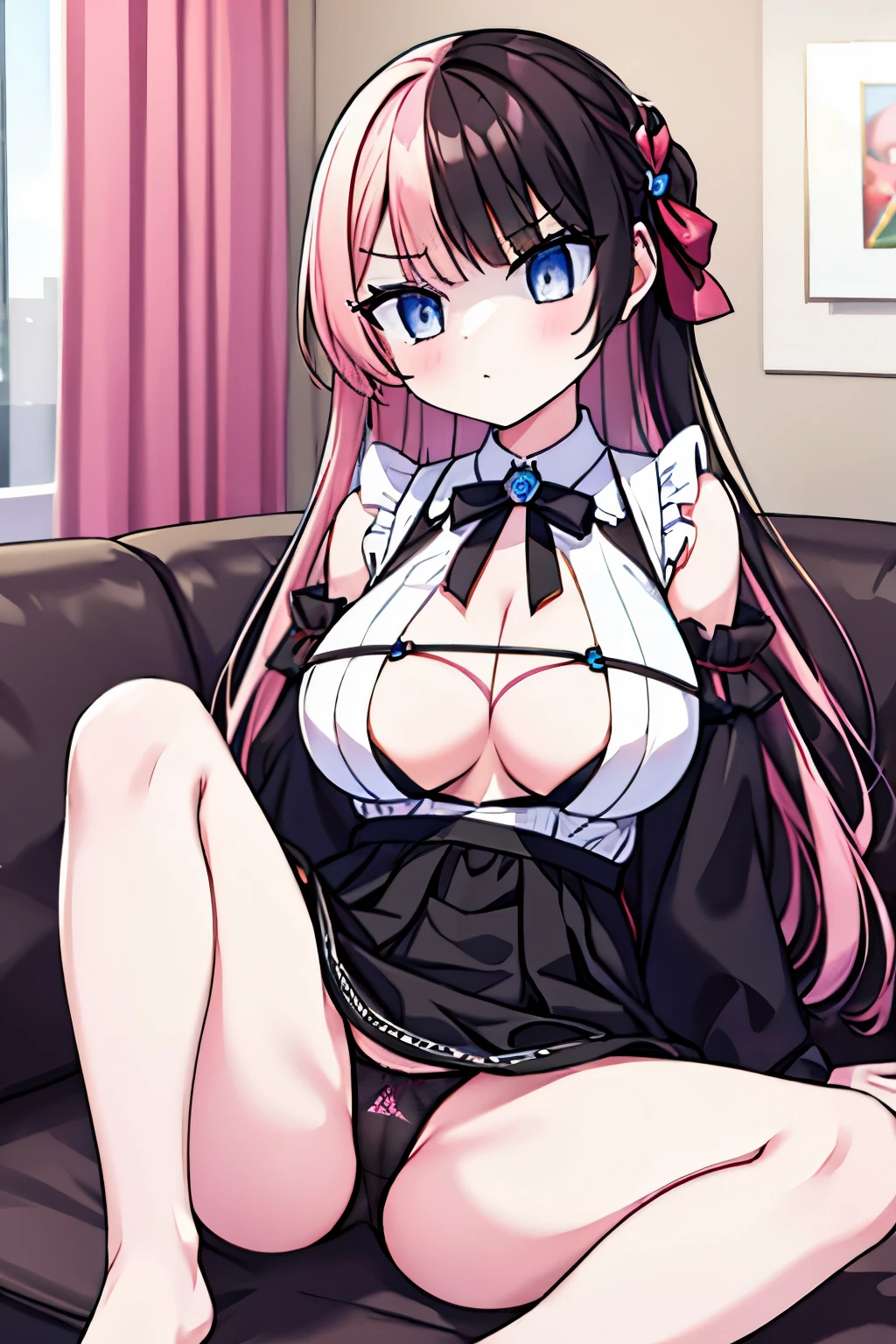 G-Cup masterpiece highest quality High resolution Big Breasts panties I asked her to show me her underwear while making a disgusted face. sexy woman pink black white Glaring eyes Mouth slightly open Spread your legs and show your panties Contemptuous Eyes Condescending eyes