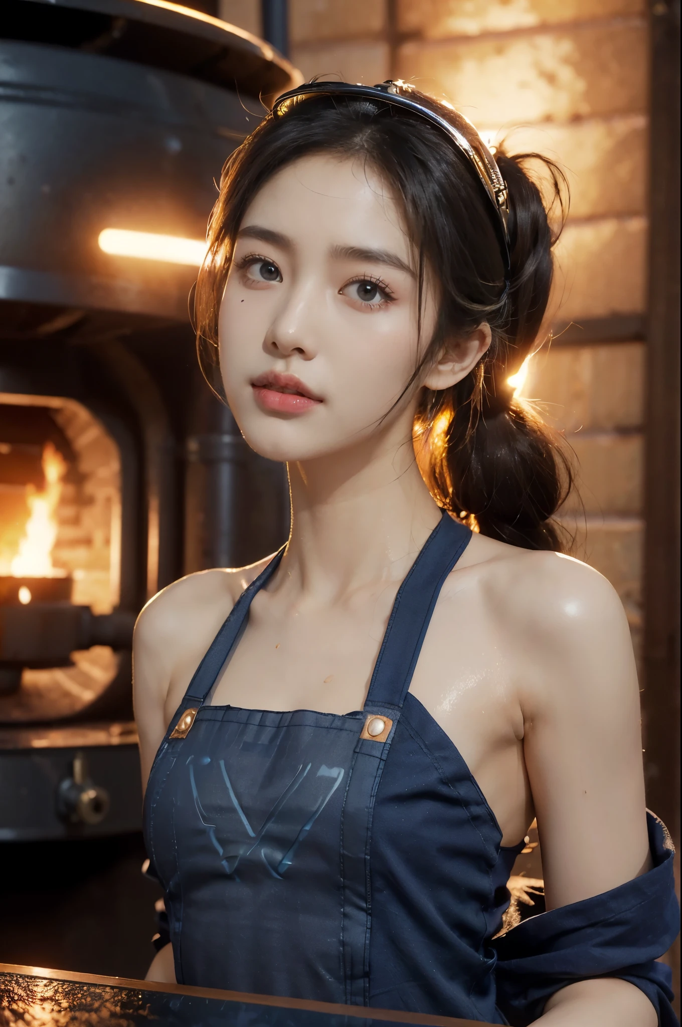 (Extremely meticulous CG),(((8k))),wallpaper,((Extremely refined and beautiful)),(((Masterpiece))),(((best qualtiy))),(((Ultra High Resolution))),beautiful light up,realistic shaded,(Smooth and flawless skin:1.5),(Extremely exquisite facial details:1.3),(ultra-detailed:1.5),((a beautiful girl,solo)),(female worker:1.2),(Safety helmet on head:1.5),(short ponytail:1.2),(small head:1.2),(slender face:1.2),(Exquisite makeup:1.3),(mask on face:1.3),(blush:1.3),(sweat:1.5),(happy:1.2),(laughing:1.2),(perfect body:1.1),(brown skin:1.3),(shiny skin:1.5),((slim,thin)),(bare shoulder:1.2),(small breasts:1.2),(flat chests:1.2),(maxi dark blue apron:1.5),(standing:1.3),(in factory:1.2),(In the steelmaking workshop:1.3),(Beside the steelmaking furnace:1.3),(indoor:1.2),(Cyberpunk style:1.3),(warm glow of the furnace fire:1.3),(detailed background:1.5),(close-up of face:1.3),(from front:1.3)