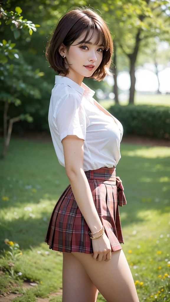 nsfw, 8K raw photo, Best quality, masterpiece, ultra high res, film grain, filmg, 1girl, looking at viewer, natural skin texture, realistic eye and face details, full lips, lipstick, (makeup), red eyeshadow, fluffy short hair, messy hair, smile, close mouth, beautiful legs, tall female, skinny, slim_legs, solo, enormous breast, cleavage, Pose with buttocks facing you, ultra short skirt, ass, shirt, beautiful nature location, around flower location, (detailed background), plaid skirt, white shirt, enormous breast, cleavage, Show a little cleavage through the shirt, loafers, blurry background, blurry, holding, plaid, short sleeves, jk ribbon on the neck, jk ribbon, brown hair, bracelet, water, bangs, , jewelry, parted lips, lips, from side, pleated skirt, depth of field