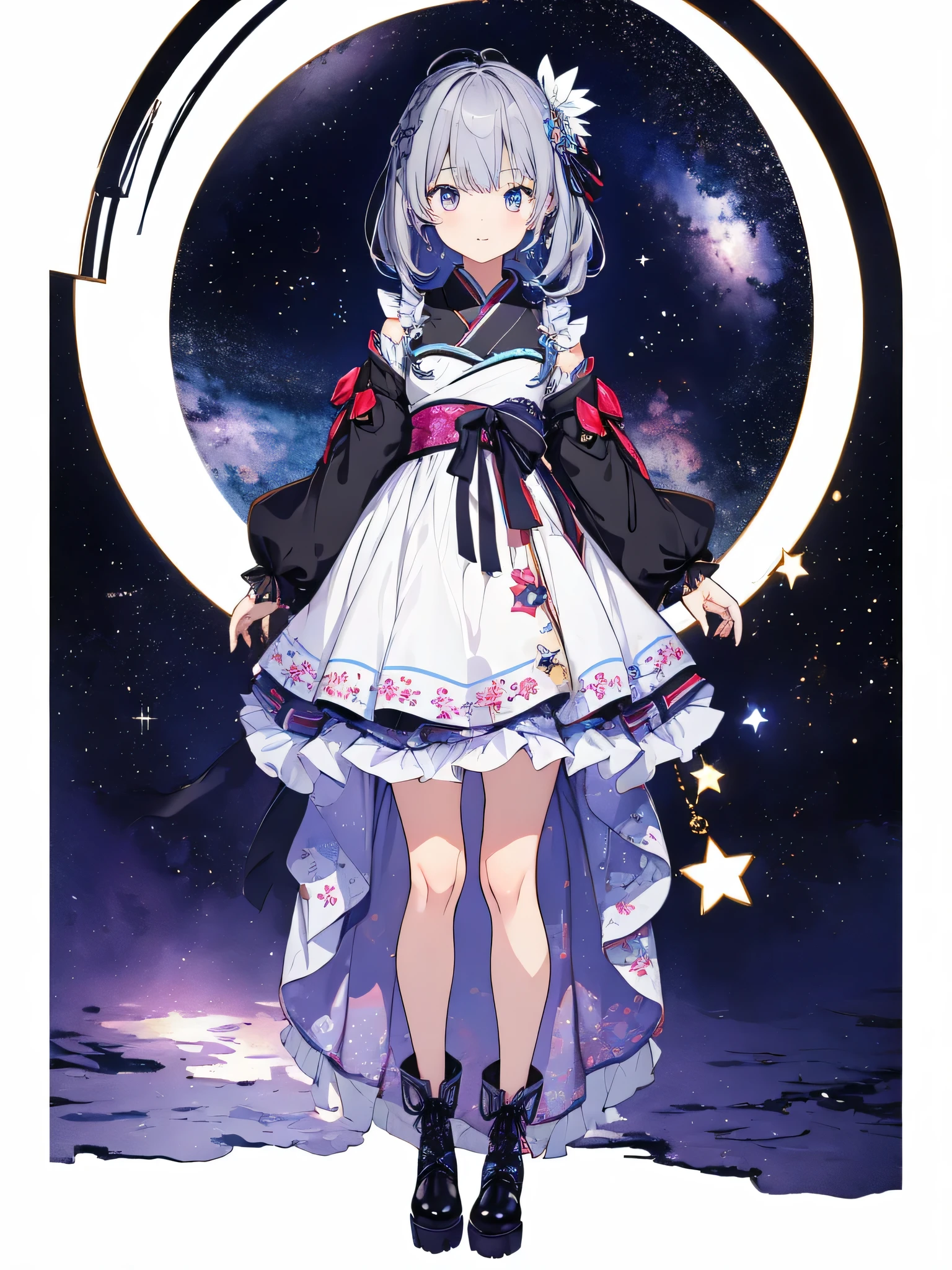 focus on clotheilky hair color)))、1girl,highest quality、8K,handsome face、vtuber-fullbody、A picture of the front straight towards the viewer、Star Fairy、Full body front standing picture、front,highest quality、masterpiece、official art、Super detailed、super beautiful、Cute Star Fairy、Gray hair straight long、Milky Way、universe、star charm、star、baby face、Knee-high boots、Japanese pattern dress、A beautiful girl wearing black and white clothes that are a remake of a yukata.、A ruffled dress with a Milky Way or universe pattern、vtubermodel