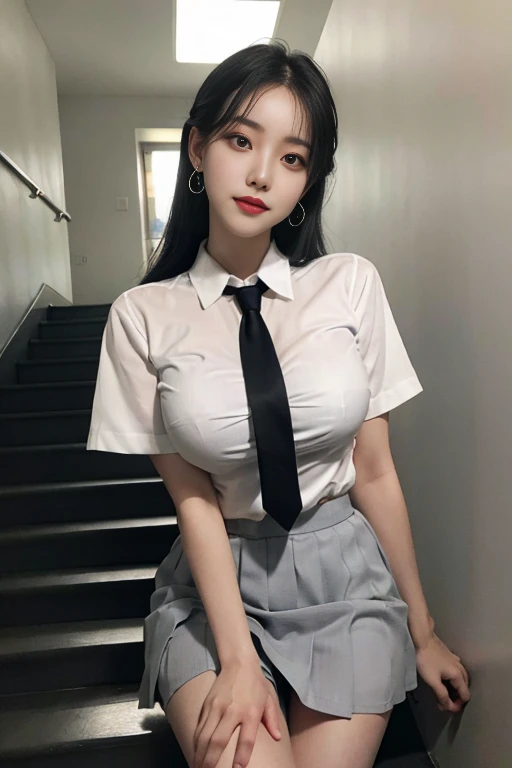 Grey Eyes, korean , Summer Shirts, Ribbon tie, skirt, Light Blonde, School stairs, going down School stairs, Chest thrust pose, Breast-flaunting pose, 8k RAW photo, High resolution, Cool Korean 16 year old, Very big round breasts, Beautiful eyes in every detail, Long eyelashes, Beautiful double eyelids, eye shadow, eyeliner, Narrow eyes, Elongated eye shape, Three white eyes, Wicked Smile, Evil look, Beautiful and slim legs, Beautiful and thin thighs, Random Medium Hair, Tie your hair behind your head, Earrings,