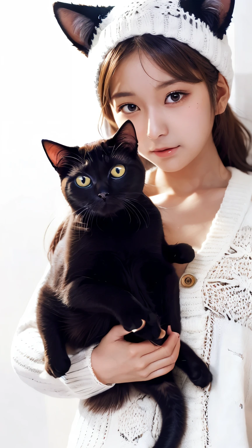 masterpiece, 4k, Bokeh, (Cat ear:1.3), (soft hair:1.3) , (white knit onepiece:1.6), (Japanese idle:1.6), Blushed face, looking at the viewer, cowboy shot, Holding beautiful cat in both hands, (white background :1.4),