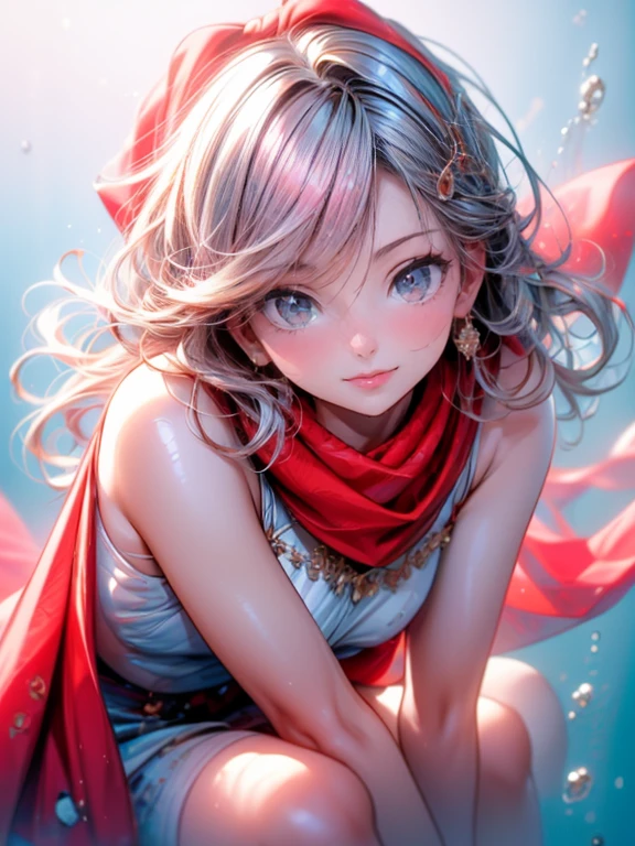 masterpiece: 1.2, highres,32k, photorealistic: 1.37, ultra-detailed: 1.2, cute girl in the sea, riding on dolphin, spreading legs, (cute red scarf on the neck: 1.4), smile Smells, Beautiful Delicate (Hair, Face, Scarf, Skin, Legs, Underwater): 1.4, Blushed Cheek, Half-Closed Mouth, Bright Rosy Lips, Sparkling Eyes, Delicate Pupils, Flowing Hair, Vibrant Color illustration