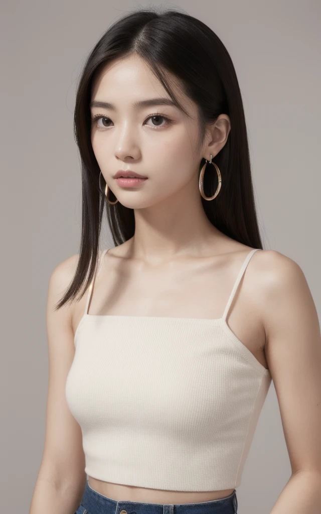 masterpiece, best quality, Solitary, 1 Girl, Bright skin, Hoop Earrings, Glamorous, Peculiar details, Smooth hair, Fascinating, Bare shoulders, crop top, trousers, Shallow and deep, Contrasting, professional model, Facing forward, portrait 