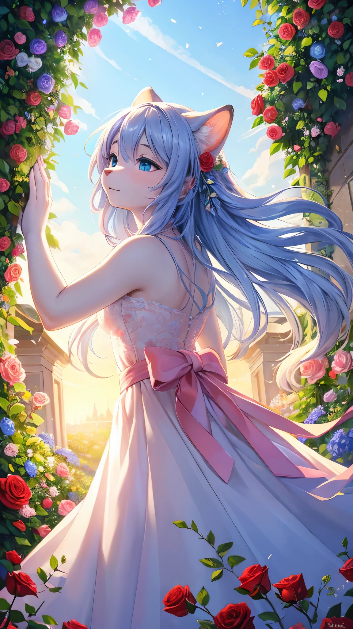 (fluffy anthro furry :1.3),snow leopard girl,A sea of blue roses emerges in a vivid and enchanting garden, bathed in the soft glow of the setting sun. The roses glisten with delicate dewdrops, their vibrant blue petals beautifully contrasting against the lush green foliage. The mesmerizing scene is further enhanced by the gentle breeze, causing the roses to sway gracefully, as if dancing to nature's rhythm. The garden is alive with the vibrant colors and sweet fragrance of these unique and rare flowers. Each rose is exquisitely detailed, with intricate patterns and velvety textures that invite closer inspection. The petals are soft and velvety, and their edges are adorned with delicate, silver-white filaments that gleam in the sunlight. The air is filled with the intoxicating aroma of these exquisite blooms, creating an atmosphere of tranquility and serenity. The blue hues of the roses create a dreamlike ambiance, like a portal to a world of fantasy and wonder. The scene is captured with the utmost attention to detail and realism, ensuring the best quality and ultra-detailed rendering of the roses and the surrounding garden. The lighting is expertly crafted, with soft, warm tones cascading gently over the petals, evoking a sense of warmth and tranquility. The overall color palette is dominated by shades of blue and green, creating a harmonious and ethereal atmosphere. This masterpiece of art seamlessly blends the natural beauty of the roses with a touch of magical realism, transporting viewers to a realm where dreams come to life.low angle