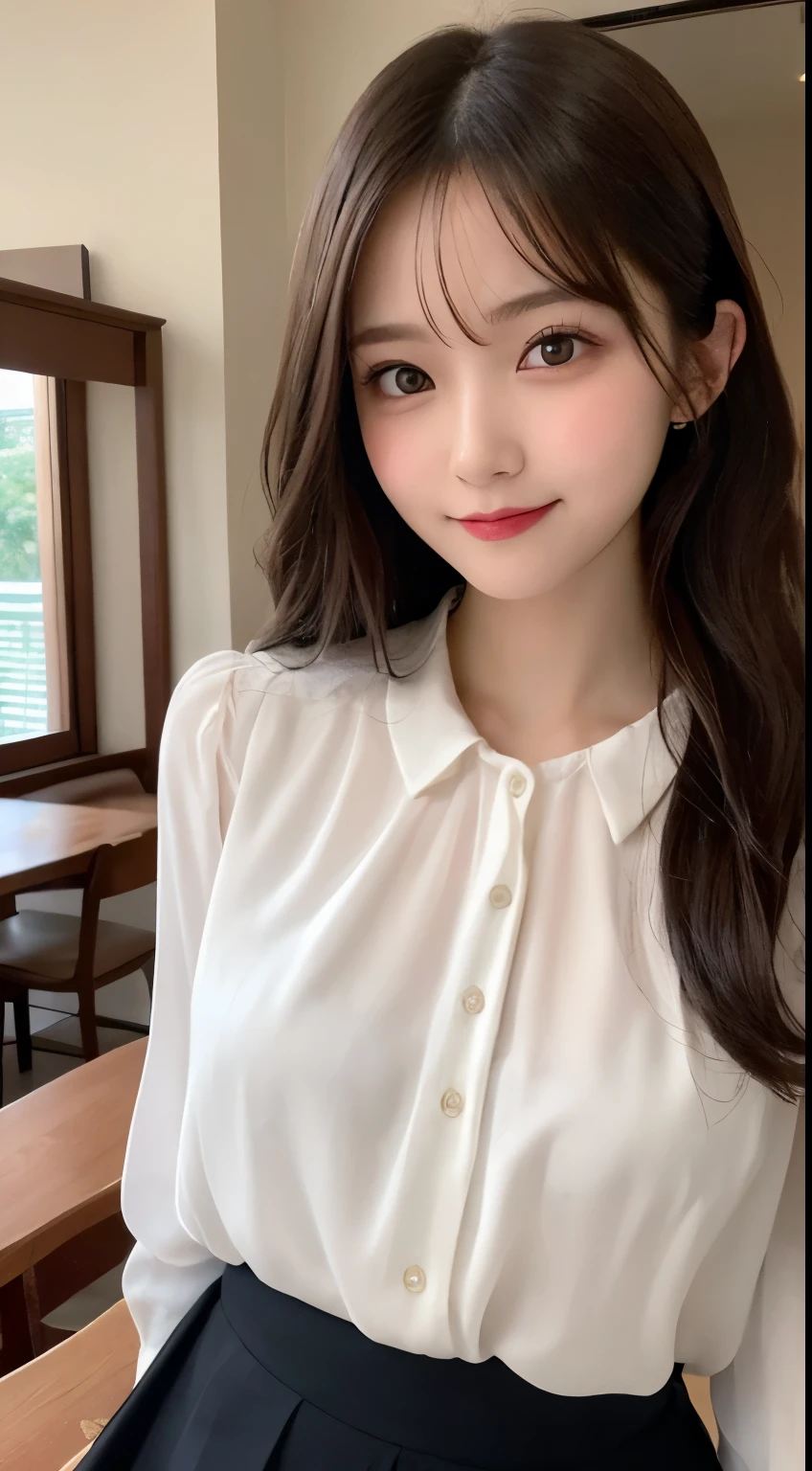 Tabletop, highest quality, shape, Very detailed, finely, High resolution, 8k wallpaper, 完璧なダイナミックな構shape, Beautiful and detailed,ランダムなcute髪,,Natural color lip, Bold sexy pose,smile、20-year-old girl、cute、Looking at the camera,Always blur the background,Perfect and beautiful face,Slim face and figure,Big eyes、Putting on gal makeup,Small face,Shooting from below、smile,Blurred Background,Sheer blouse、flare skirt,