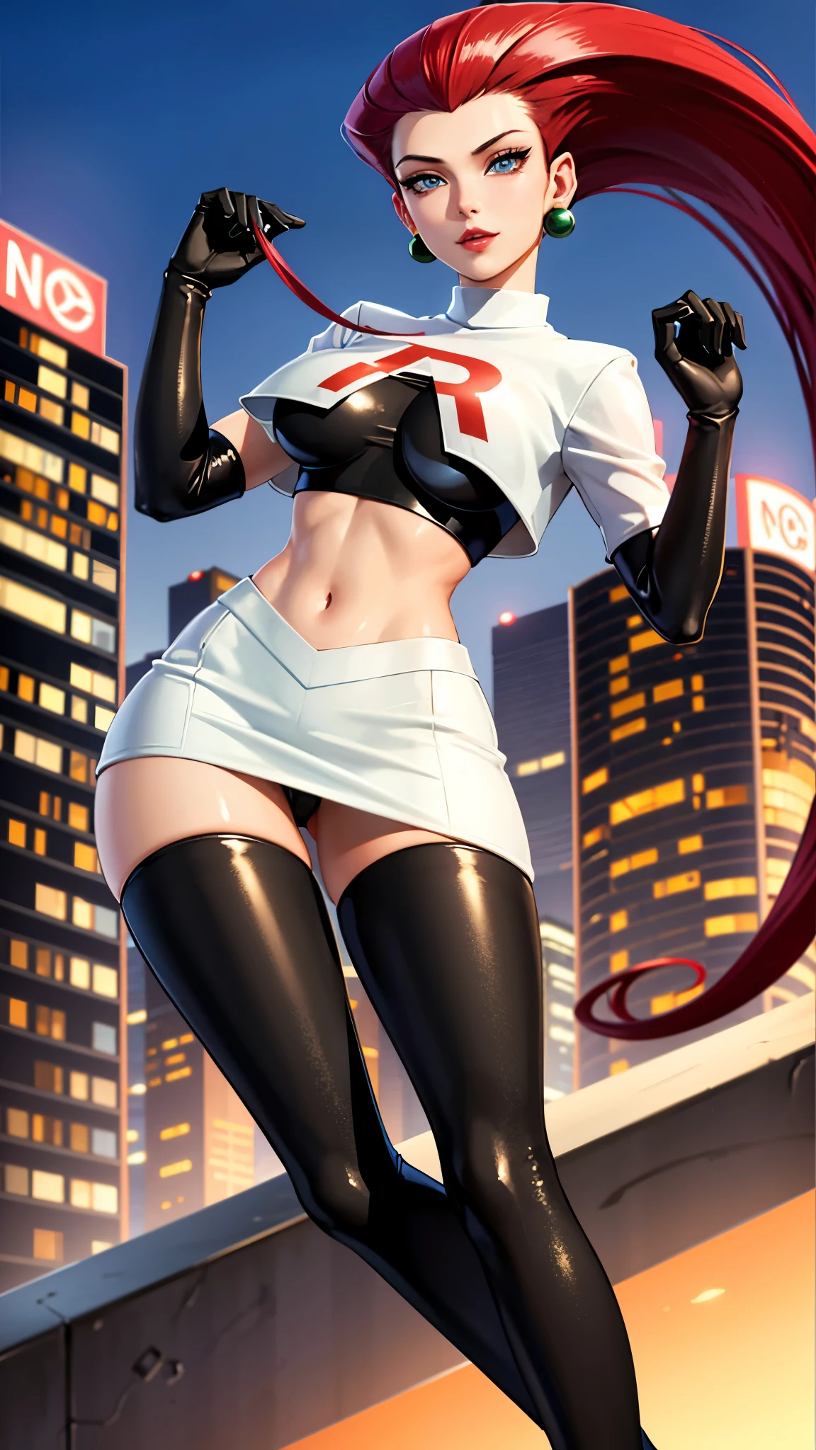 (best quality, highly detailed:1.3), (masterpiece:1.3), ((official art)), detailed face, beautiful face, (detailed eyes, perfect eyes, deep eyes), (1girl:1.33, solo), full body, jessie\(pokemon\), (very long hair, nsfw, large breasts, narrow waist, red hair, hair slicked back:1.2), (cyan eyes), earrings, grin, team rocket, team rocket outfit, white crop-top, white miniskirt, midriff, navel, black elbow gloves, black thighboots, , (cowboy shot:1.3), (dynamic angle, city, night, detailed background:1.2)