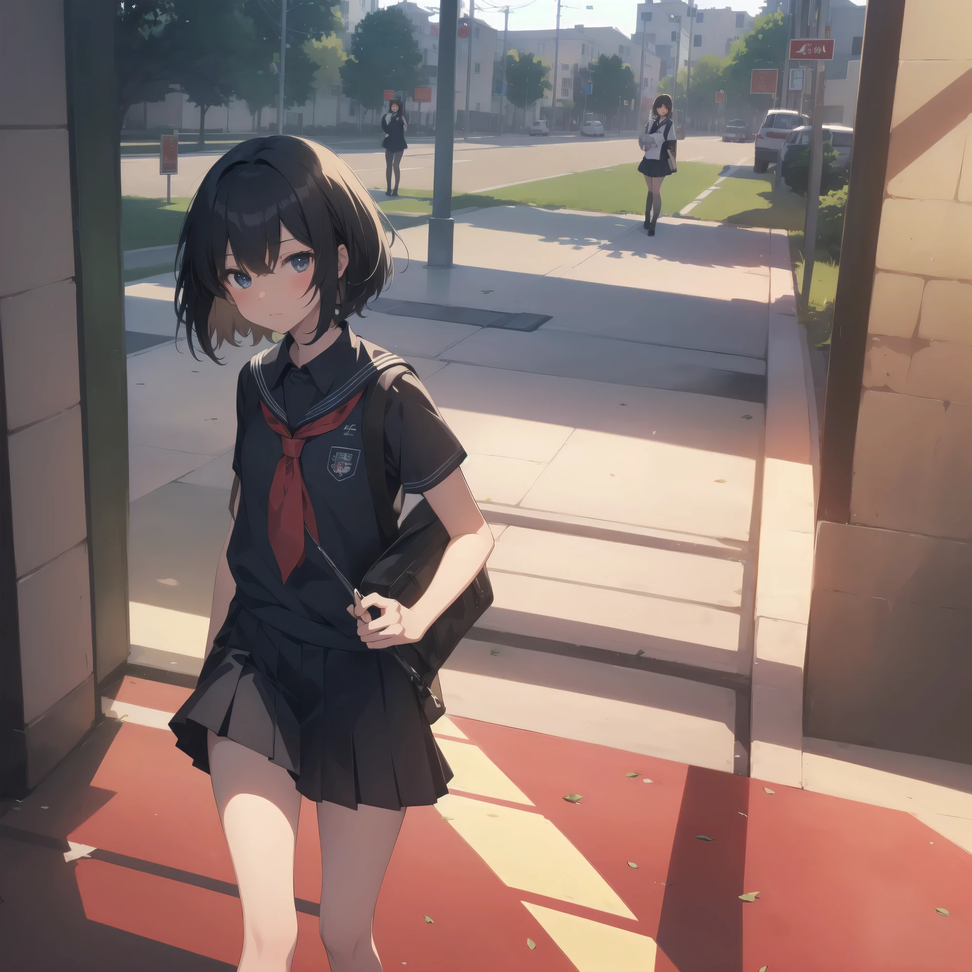ultra-absurdres-Top quality by artist God, ultra-detailed, high resolution, anime moe artstyle, best anime 8k konachan wallpaper, pixiv contest winner,pool:2810, perfect anatomy,break, 1girl, (Please draw a girl walking sleepily to school alone. )break,(Solo,little female, 13-year-old:1.3),Full limbs, complete fingers,a junior high school student, (very short hair), short cut, flat chest, , small butt, small black eyes, beautiful detailed eyes, well-proportioned iris and pupils, expressive eyes, highres detailed hair, soft expression, school_uniform, official_alternate_costume, neckerchief, collared shirt. pleated skirt,(Detailed Lighting), (Detailed background), in the School commute route. break,super detailed skin, Best cinematic lighting powered by famous artist, 8k,beauty illustration,photoshop_(medium),very aesthetic,break,((artist:futa_(nabezoko) )), artist:bolze ,artist:oyari_ashito ,artist:kantoku ,