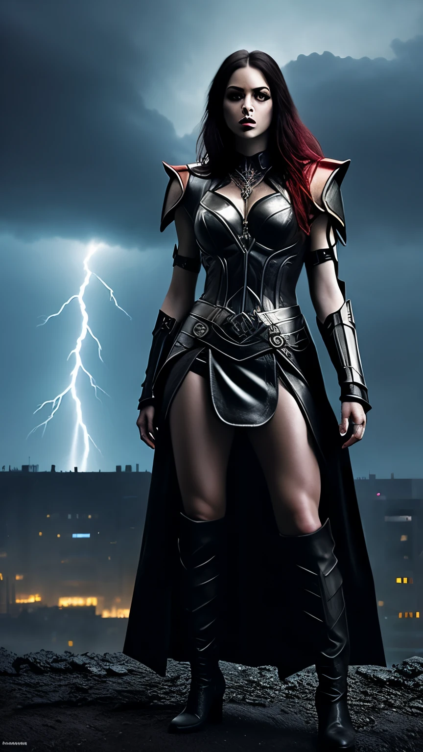 powerful (Demonic creatures:1.2), androgynous woman, Strong pose, High-tech heavy armor, thunder and lightning, metal gear style, Lightning effect, Lightning effect, Rain falls in the dark sky, Thor, Black Hair, Hell City Background, High-rise buildings, Hell Tower Background, dark red, Apocalyptic, long distance, whole body, Face in perfect detail, Detailed symmetrical circular iris, Realistic, stunning Realistic photograph, 3D Rendering, Octane Rendering, Exquisitely crafted, Cinematic, Isoscale, Dark Fantasy Theme, Mysterious, Dark Theme, Underworld Theme, deviantartmasterpiece, White skin, Crimson Eyes, Dark tattoos, Color Grading, Dark illustration, Superior quality, Very detailed, Highly detailed face, Ultra HD 8K, Dark lightning, Concept Art, Ultra-detailed, Exquisitely crafted gothic art, 3 colours, Fantasy, Intricate details, Splash screen, Complementary Color, fantasy Concept Art, 8k resolution, Soft lighting, Film Photography, Film Grain, Hyper Realist