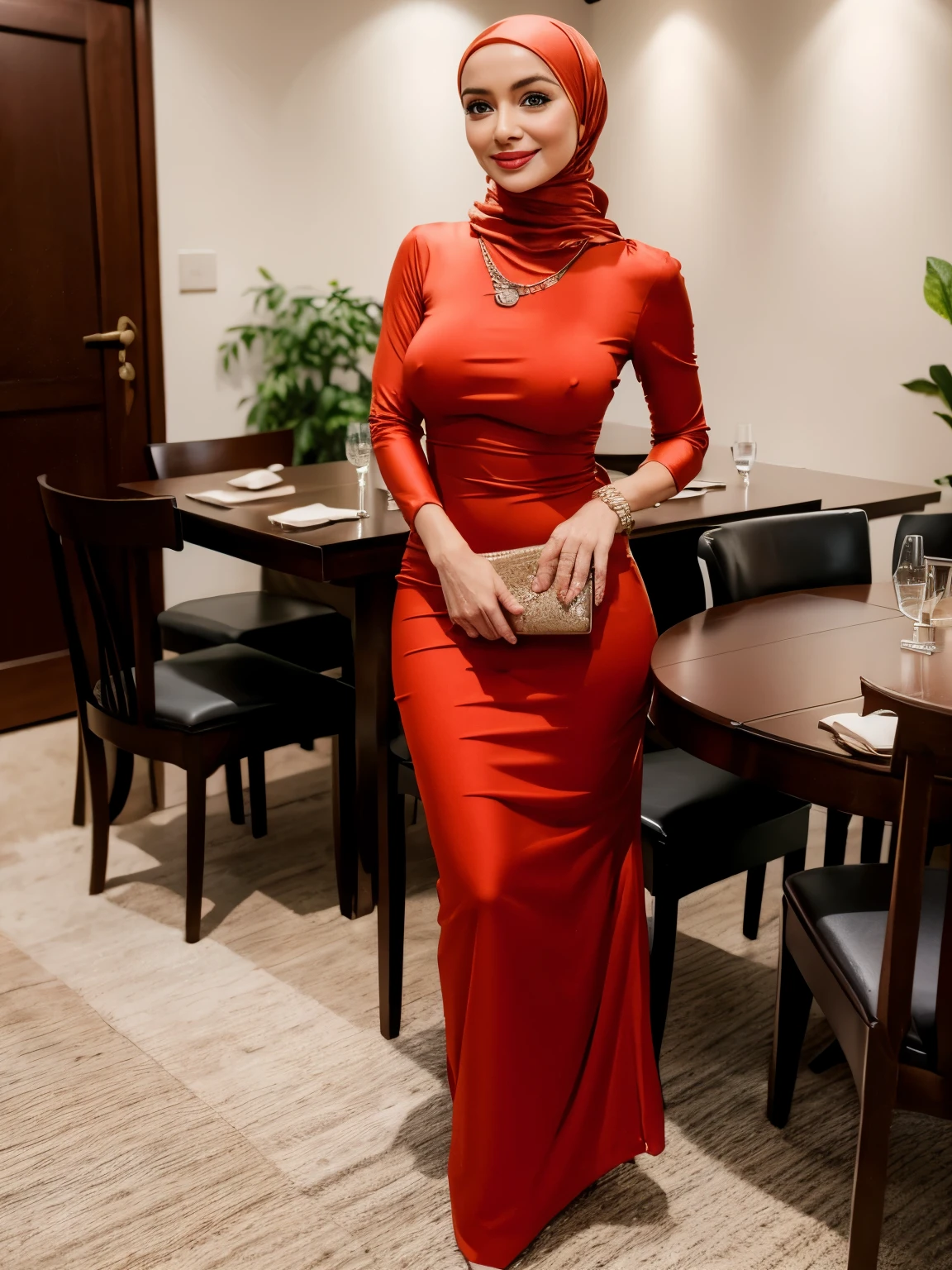 1 lady, standing at a banquet party,  wearing a satin baju kurung, malay baju kurung dress, politely, humble, wearing a hijab, tight dress, sexy pose, leaning forward, holding handbag, slim body, big breast, nipples mark, wearing a necklace, high heels, happy face, big brown eyes, good lighting, pale skin, lipstick, earring