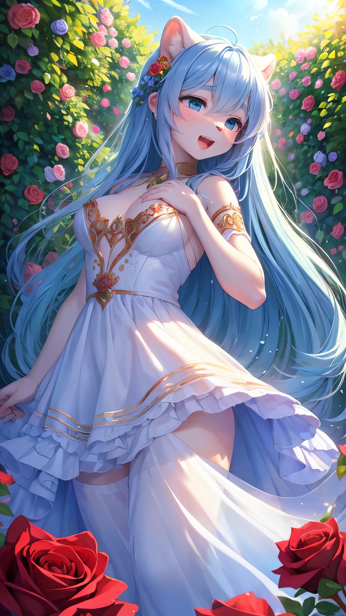 (fluffy anthro furry :1.3),snow leopard girl,open mouth,A sea of blue roses emerges in a vivid and enchanting garden, bathed in the soft glow of the setting sun. The roses glisten with delicate dewdrops, their vibrant blue petals beautifully contrasting against the lush green foliage. The mesmerizing scene is further enhanced by the gentle breeze, causing the roses to sway gracefully, as if dancing to nature's rhythm. The garden is alive with the vibrant colors and sweet fragrance of these unique and rare flowers. Each rose is exquisitely detailed, with intricate patterns and velvety textures that invite closer inspection. The petals are soft and velvety, and their edges are adorned with delicate, silver-white filaments that gleam in the sunlight. The air is filled with the intoxicating aroma of these exquisite blooms, creating an atmosphere of tranquility and serenity. The blue hues of the roses create a dreamlike ambiance, like a portal to a world of fantasy and wonder. The scene is captured with the utmost attention to detail and realism, ensuring the best quality and ultra-detailed rendering of the roses and the surrounding garden. The lighting is expertly crafted, with soft, warm tones cascading gently over the petals, evoking a sense of warmth and tranquility. The overall color palette is dominated by shades of blue and green, creating a harmonious and ethereal atmosphere. This masterpiece of art seamlessly blends the natural beauty of the roses with a touch of magical realism, transporting viewers to a realm where dreams come to life.low angle