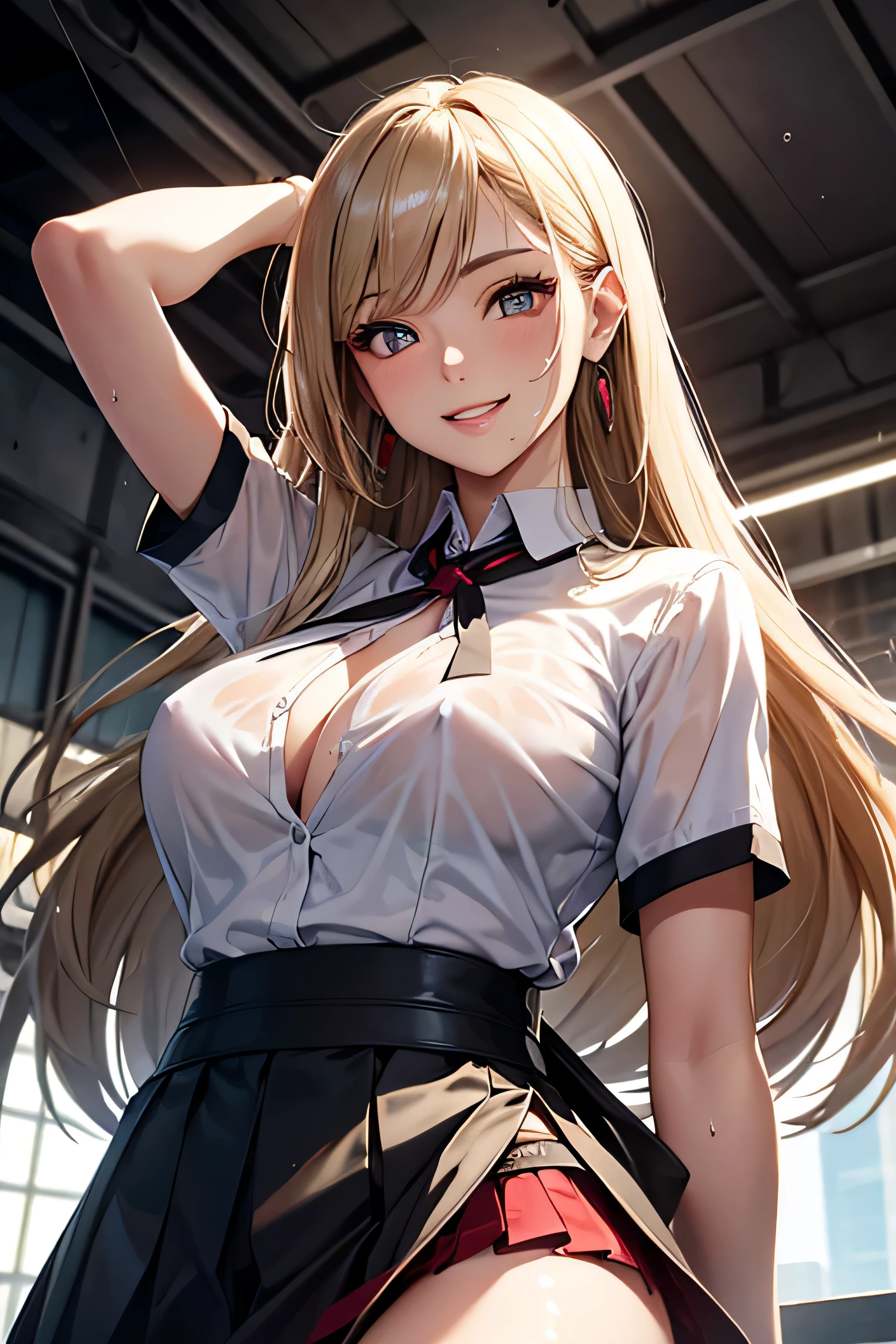 kandagawa jet girls, long hair, so wet short shirts, without bra, very short sleeves skirt, high highs, jewelry, earrings, standing, highly detailed, absurdness, realistic, detailed skin texture, detailed pupils, HDR, natural lighting, 2girl, (happy:1.1), (smile:1.2), (angular face:1.2), shiny face, big breasts, narrow waist, lip makeup, photorealistic, from below, best quality, masterpiece, 8k
