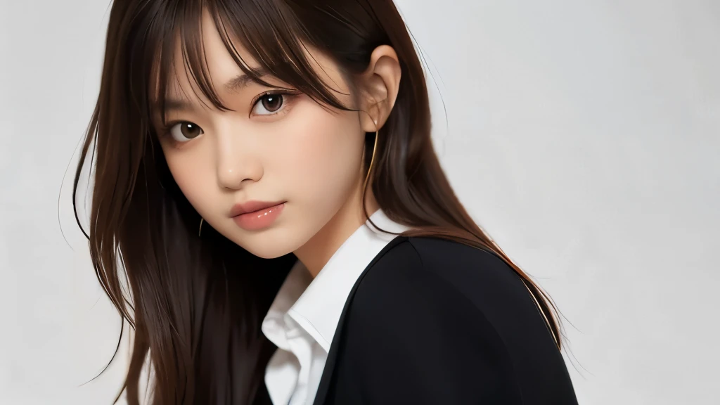 (masterpiece:1.2,highest quality),((White background)),depict the upper body,1 young woman,((suit)),(Big Breasts),((Look to the side)),Black wavy hair,((Fine and beautiful eyes)),blushed,Healthy Skin,(smile),8k resolution