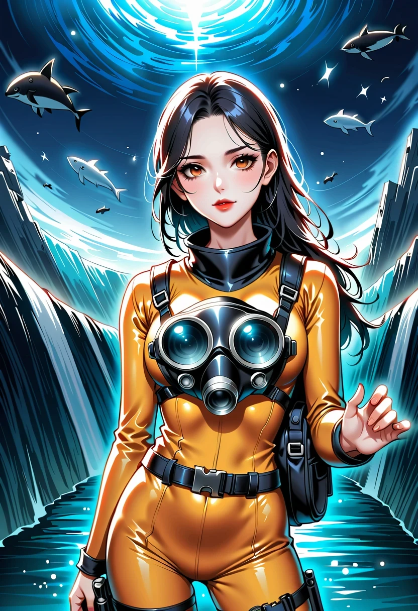 During the diving course,There is a lady wearing a diving suit and goggles,Wear a diving helmet, Instagram, A diver on the seabed, A diver on the seabed, old scuba, GoPro shooting, Abandoned diving mask, Underwater perspective, 3 6 0 capture, amanda clarke,