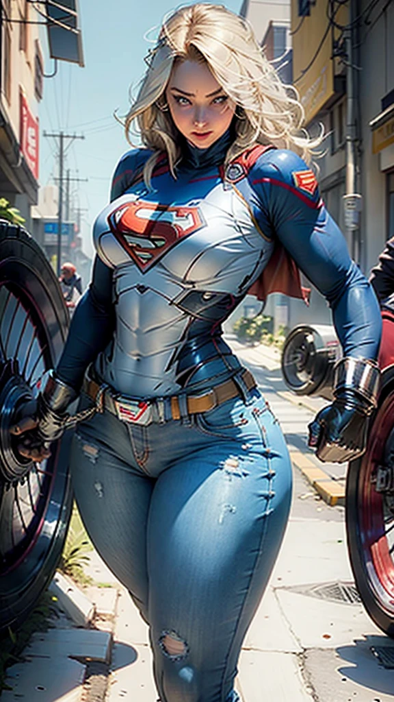 Supergirl corpo definido coxas grossas, short jeans, loira de olhos azuis, Superman S symbol on chest, rosto detalhado, linda, sorriso lindo. (chubby:1.3),