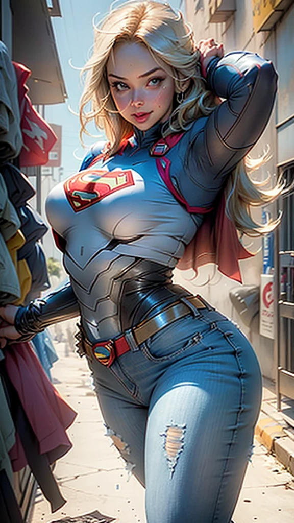 Supergirl corpo definido coxas grossas, short jeans, loira de olhos azuis, Superman S symbol on chest, rosto detalhado, linda, sorriso lindo. (chubby:1.3),