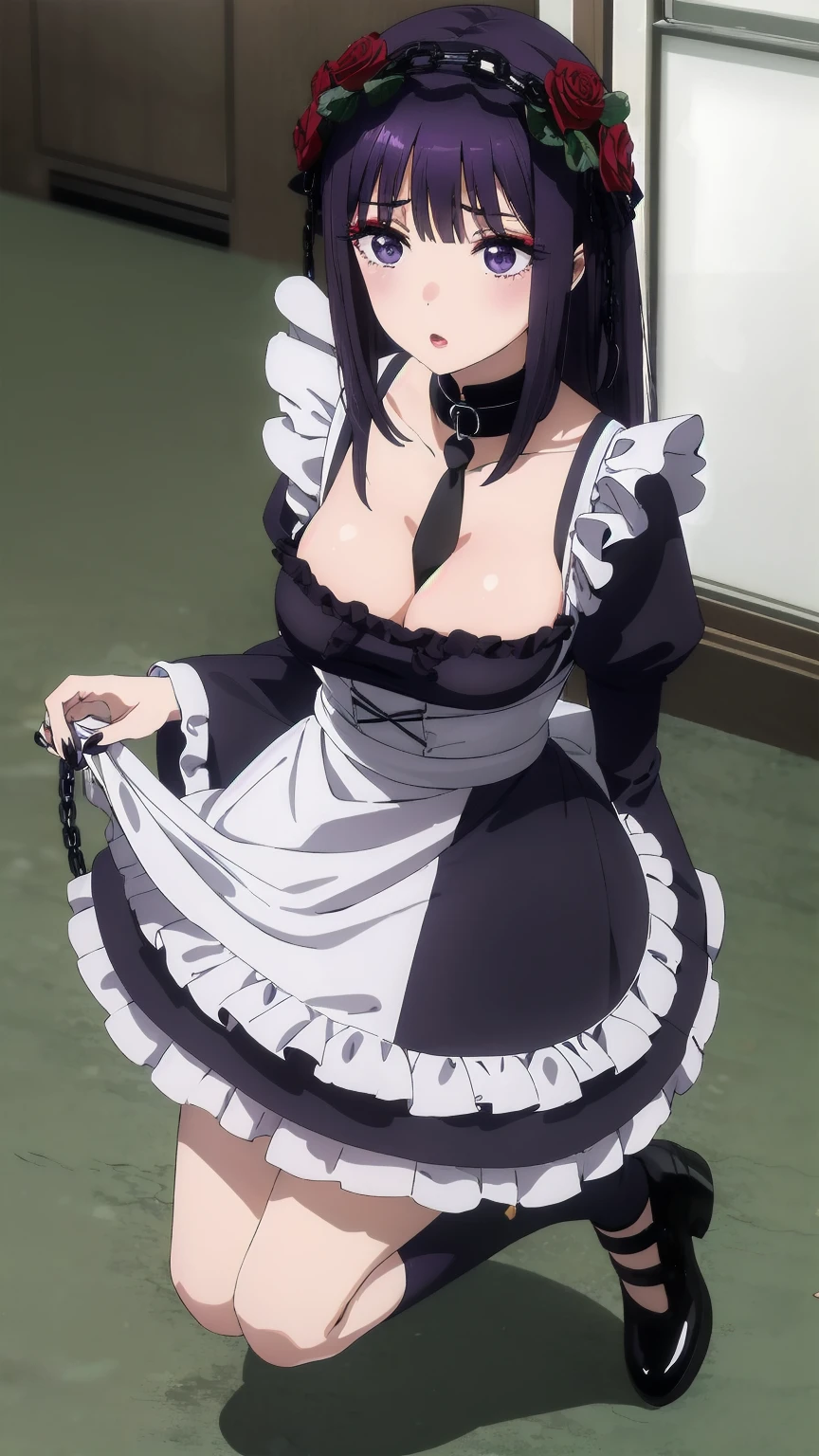 (((Pixel Perfect, Perfect detail))), 1girl, solo, shizuku kuroe, headdress, maid headdress, bangs, hair ornament, long sleeves, dress, cleavage, (purple eyes:1.1), purple hair, flower, frills, necktie, hair flower, wide sleeves, blunt bangs, nail polish, black dress, collar, cosplay, makeup, detached collar, rose, chain, frilled dress, lipstick, frilled sleeves, red flower, black necktie, leash, purple nails, chain leash, (Cosplay venue, camera pointed at photographer), full Body