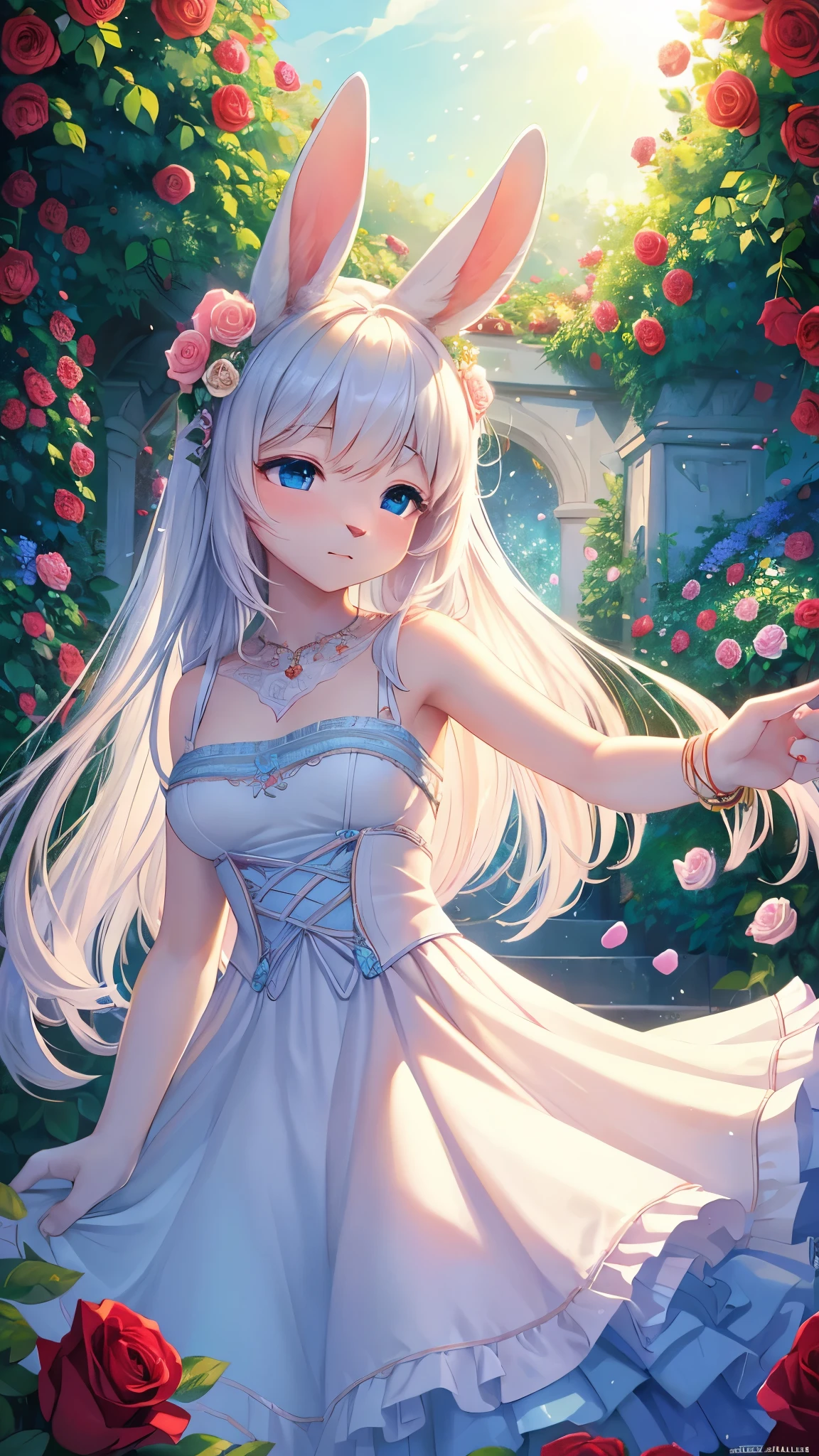 (fluffy anthro furry :1.3),rabbit girl,white rabbit ears,white rabbit tail,white lomg hair,A sea of blue roses emerges in a vivid and enchanting garden, bathed in the soft glow of the setting sun. The roses glisten with delicate dewdrops, their vibrant blue petals beautifully contrasting against the lush green foliage. The mesmerizing scene is further enhanced by the gentle breeze, causing the roses to sway gracefully, as if dancing to nature's rhythm. The garden is alive with the vibrant colors and sweet fragrance of these unique and rare flowers. Each rose is exquisitely detailed, with intricate patterns and velvety textures that invite closer inspection. The petals are soft and velvety, and their edges are adorned with delicate, silver-white filaments that gleam in the sunlight. The air is filled with the intoxicating aroma of these exquisite blooms, creating an atmosphere of tranquility and serenity. The blue hues of the roses create a dreamlike ambiance, like a portal to a world of fantasy and wonder. The scene is captured with the utmost attention to detail and realism, ensuring the best quality and ultra-detailed rendering of the roses and the surrounding garden. The lighting is expertly crafted, with soft, warm tones cascading gently over the petals, evoking a sense of warmth and tranquility. The overall color palette is dominated by shades of blue and green, creating a harmonious and ethereal atmosphere. This masterpiece of art seamlessly blends the natural beauty of the roses with a touch of magical realism, transporting viewers to a realm where dreams come to life.low angle