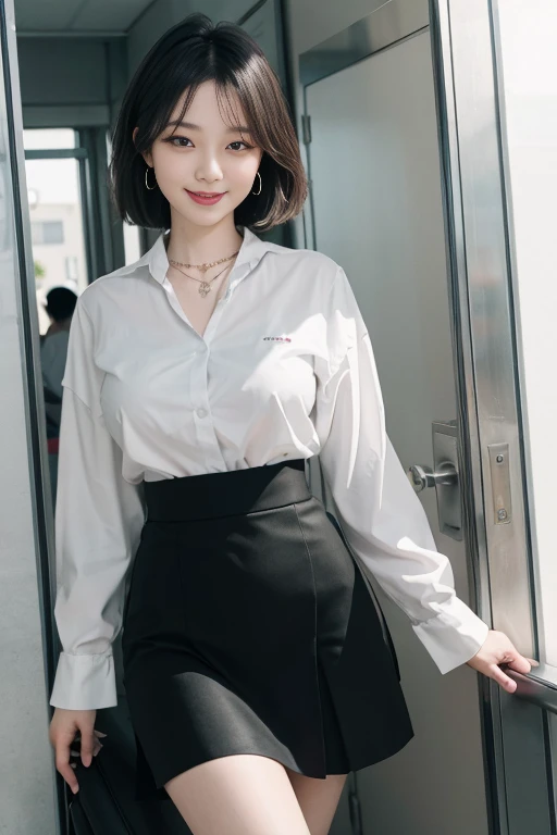 8k RAW photo, High resolution, 14 years old Korean, Very big round breasts, ribbon, Formal Shirt, Formal Skirt, Very thin mouth, Duck mouth, Grin,, intimidating pose, Beautiful eyes in every detail, Long eyelashes, Beautiful double eyelids, eye shadow, Long-term, Three white eyes, Beautiful slim legs, necklace, Earrings, short hair, The front door of a large company, Large corporate office