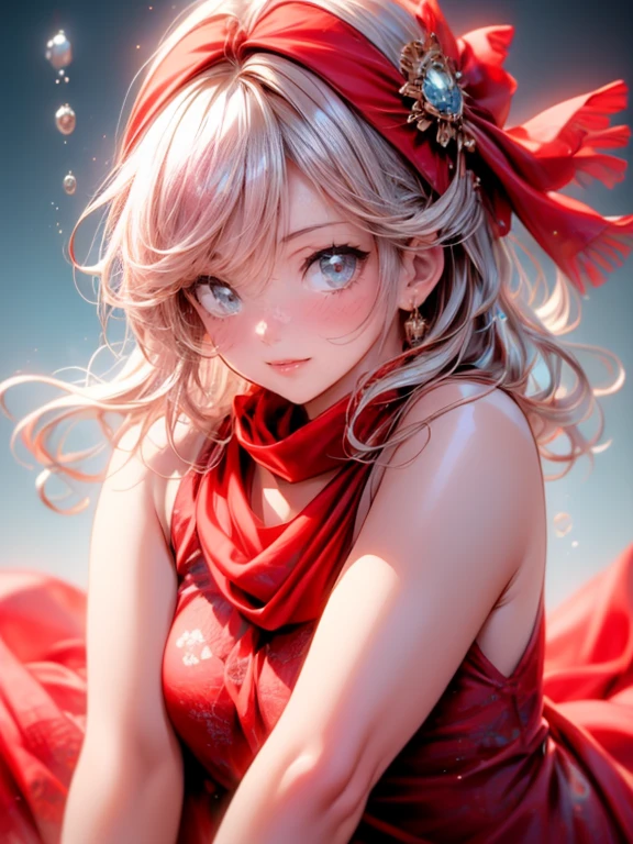 masterpiece: 1.2, highres,32k, photorealistic: 1.37, ultra-detailed: 1.2, cute girl in the sea, riding on dolphin, spreading legs, (cute red scarf on the neck: 1.4), smile Smells, Beautiful Delicate (Hair, Face, Scarf, Skin, Legs, Underwater): 1.4, Blushed Cheek, Half-Closed Mouth, Bright Rosy Lips, Sparkling Eyes, Delicate Pupils, Flowing Hair, Vibrant Color illustration