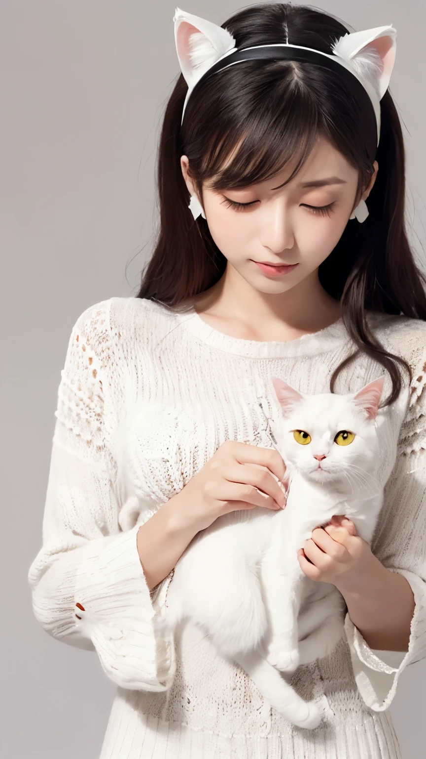 masterpiece, 4k, Bokeh, high school girl, (Cat ear:1.3), (soft hair:1.3) , (white knit onepiece:1.6), (Japanese idle:1.6), Blushed face, looking at the viewer, cowboy shot, (Holding beautiful white cat :1.3), (white background :1.4),