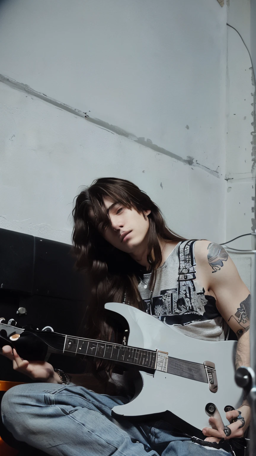 Metalhead boy, playing guitar, guitarrist boy, long hair boy
