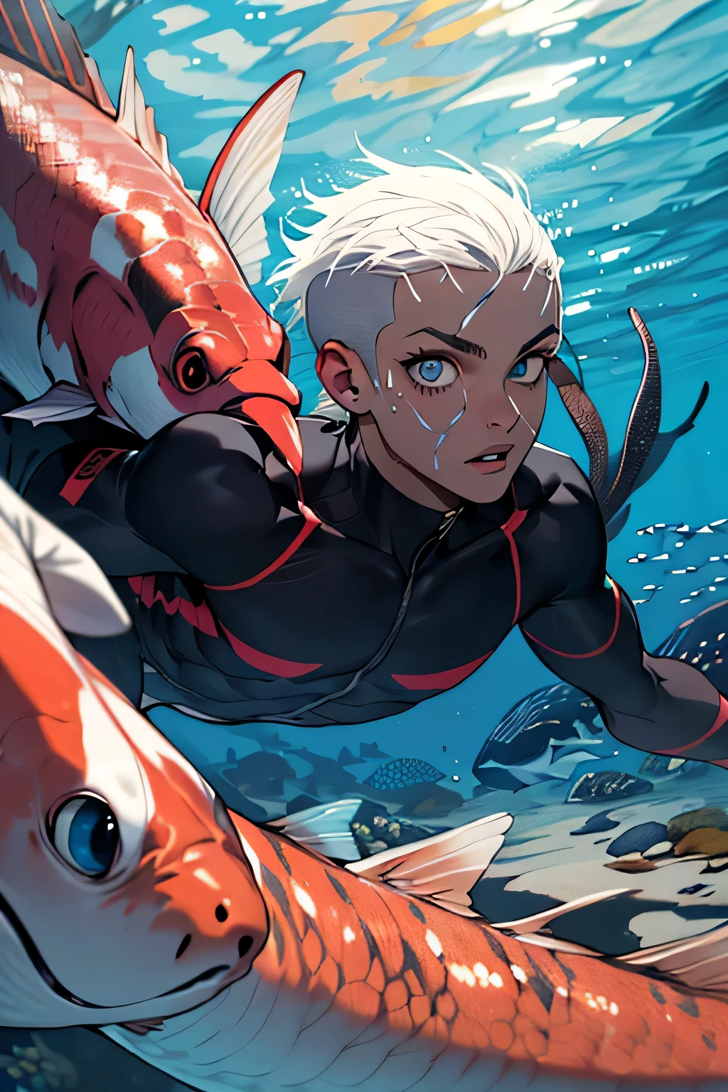 um mergulhador careca com os olhos vermelhos e com uma mascara preta no fundo do mar