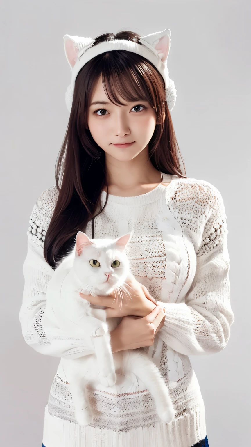 masterpiece, 4k, Bokeh, high school girl, (Cat ear:1.3), (soft hair:1.3) , (white knit onepiece:1.6), (Japanese idle:1.6), Blushed face, looking at the viewer, cowboy shot, (Holding beautiful white cat :1.3), (white background :1.4), 