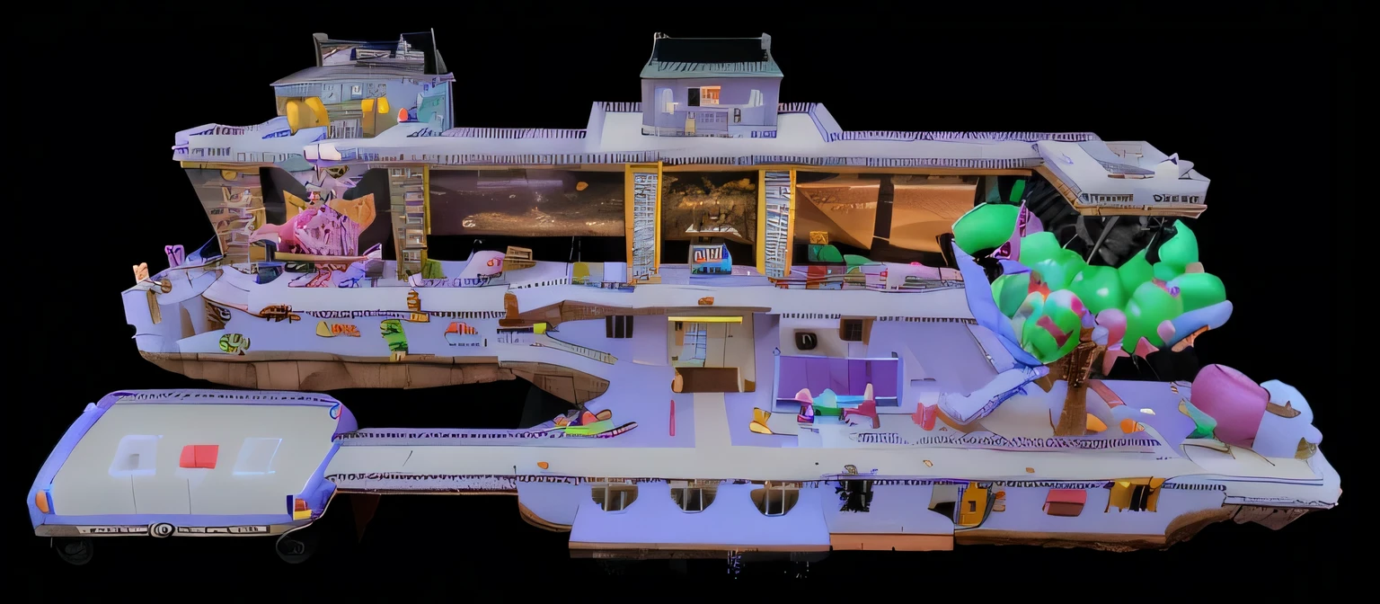3d model with small people toys, balloons, more mini buildings, starry sky with fireworks in the background