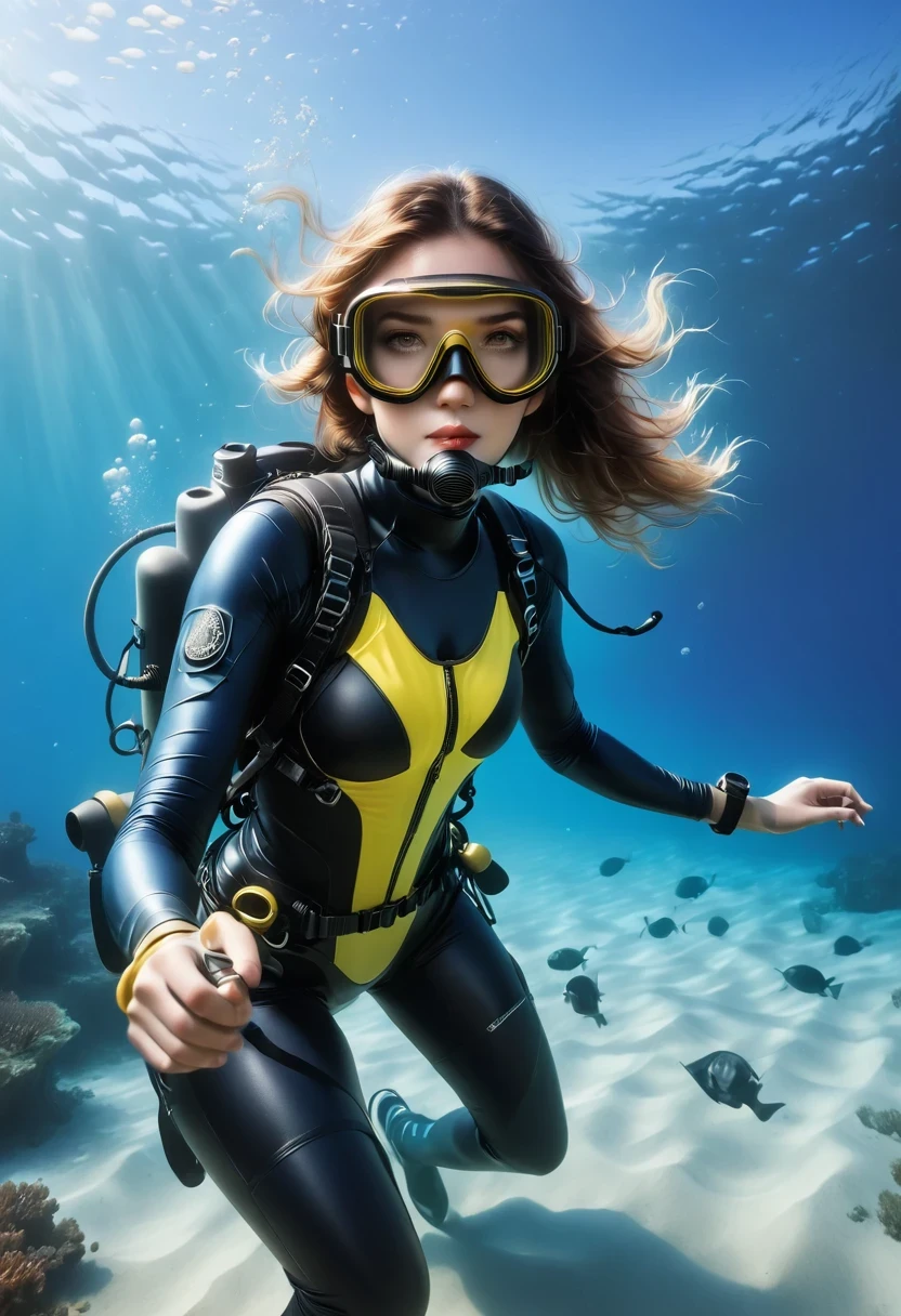 During the diving course,There is a lady wearing a diving suit and goggles,Wear a diving mask, Instagram, A diver on the seabed, A diver on the seabed, old scuba, GoPro shooting, Abandoned diving mask, Underwater perspective, 3 6 0 capture, amanda clarke, Underwater shooting,