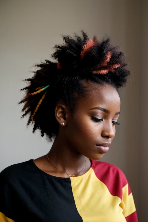 Femme africaine de 20 ans, riant, cheveux de couleur arc-en-ciel, fond noir, beautiful