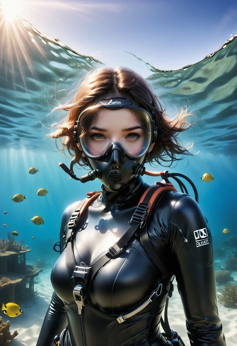 During the diving course，There is a lady wearing a diving suit and goggles,Wear a diving helmet, Instagram, A diver on the seabed, A diver on the seabed, old scuba, GoPro shooting, Abandoned diving mask, Underwater perspective, 3 6 0 capture, amanda clarke, Underwater shooting,