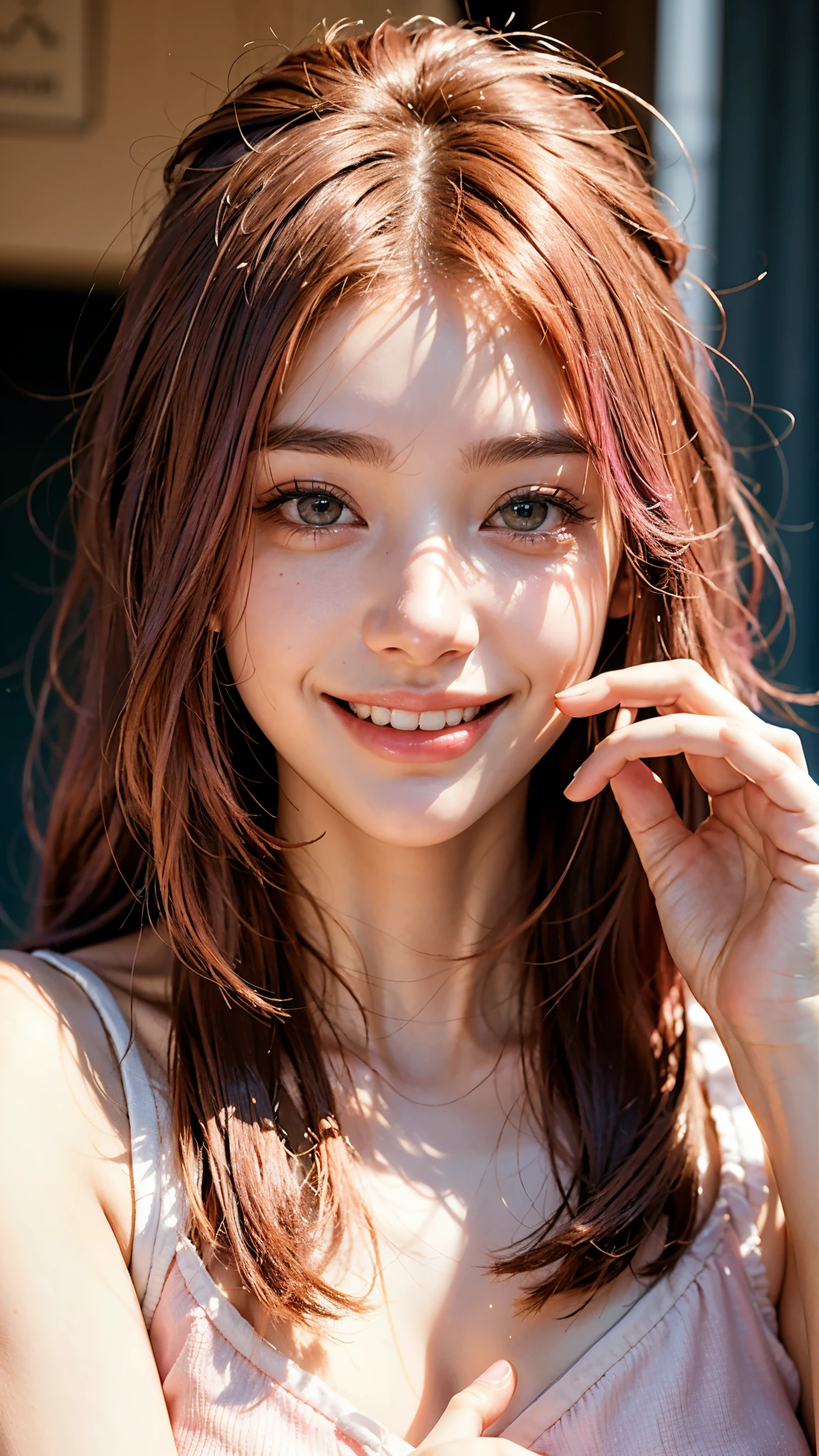 highest quality, masterpiece, Ultra-high resolution, (Realistic:1.4), (Close-up portrait) RAW Photos, 1 girl,20-year-old,((Inside the Shinkansen)),((Looking up)),((Pose with index finger on lips)),,((Passionate pink haired girl&#39;Makeup)),((High Fashion)),Messy Hair,((Cap Chestnut)),((Short bangs)),Realistic,Picture Media Chest)),((Smiling with teeth showing)),((Big smile))