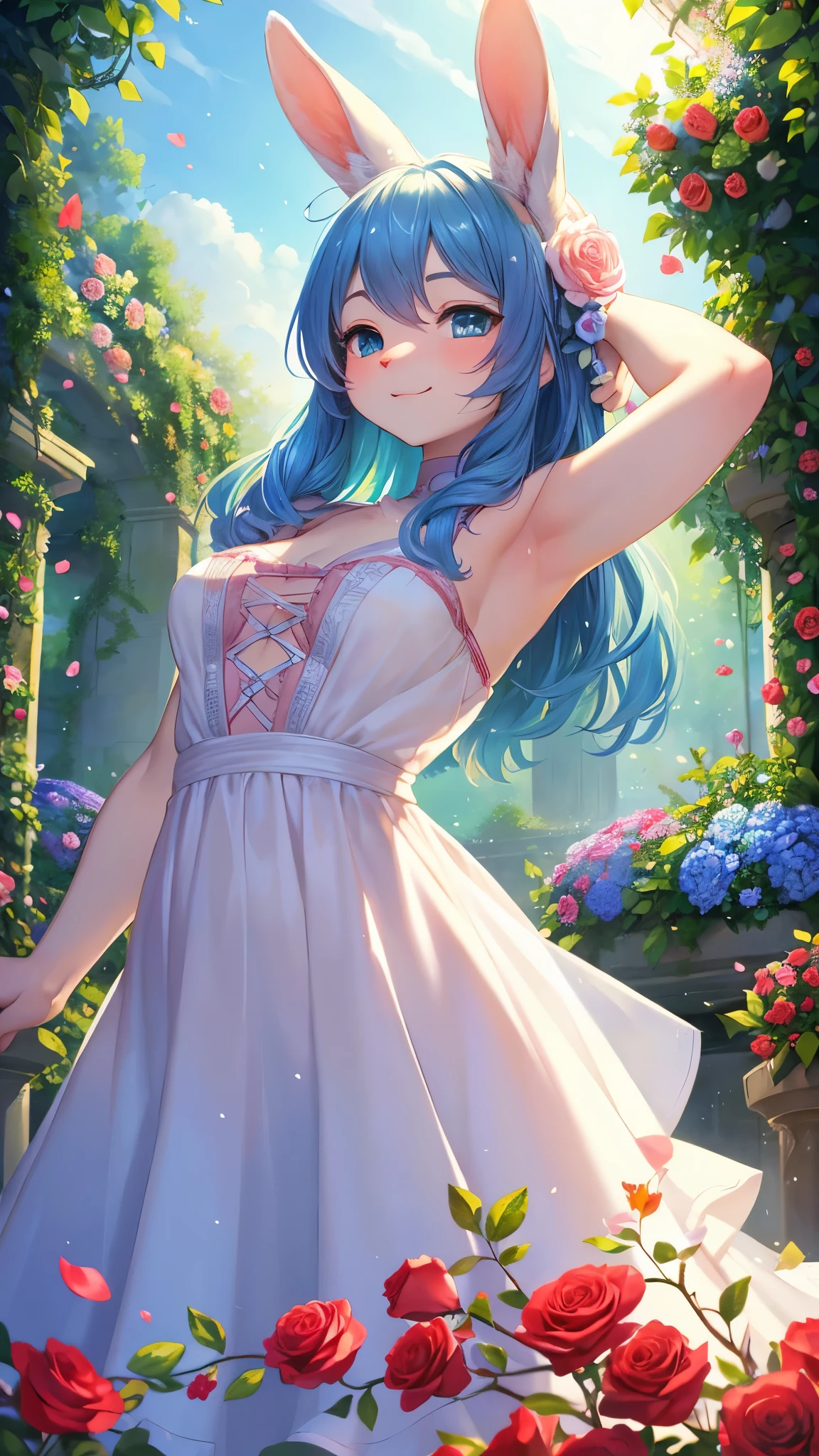 (fluffy anthro furry :1.3),rabbit girl,white rabbit ears,white rabbit tail,white lomg hair,smile,armpits,A sea of blue roses emerges in a vivid and enchanting garden, bathed in the soft glow of the setting sun. The roses glisten with delicate dewdrops, their vibrant blue petals beautifully contrasting against the lush green foliage. The mesmerizing scene is further enhanced by the gentle breeze, causing the roses to sway gracefully, as if dancing to nature's rhythm. The garden is alive with the vibrant colors and sweet fragrance of these unique and rare flowers. Each rose is exquisitely detailed, with intricate patterns and velvety textures that invite closer inspection. The petals are soft and velvety, and their edges are adorned with delicate, silver-white filaments that gleam in the sunlight. The air is filled with the intoxicating aroma of these exquisite blooms, creating an atmosphere of tranquility and serenity. The blue hues of the roses create a dreamlike ambiance, like a portal to a world of fantasy and wonder. The scene is captured with the utmost attention to detail and realism, ensuring the best quality and ultra-detailed rendering of the roses and the surrounding garden. The lighting is expertly crafted, with soft, warm tones cascading gently over the petals, evoking a sense of warmth and tranquility. The overall color palette is dominated by shades of blue and green, creating a harmonious and ethereal atmosphere. This masterpiece of art seamlessly blends the natural beauty of the roses with a touch of magical realism, transporting viewers to a realm where dreams come to life.low angle