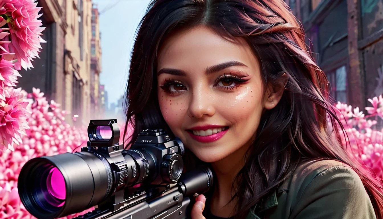 Movie Poster - poster of a movie with the big ((title "sniper")), (((victoria justice whit a sniper))), (((looking at the viewer))), (falling pink petals) (((((Smiling Face))))), (((neon light))), (electricity:1.2), (smoke:1.4), (RTX) cinematic film shot in 70mm, depth of field, vivid colors, (best quality,ultra-detalhado,Realistic:1.37), (8k, ARTISTIC photography, best quality, masterpiece: 1.2), (realistic, photorealistic:1.37), over-detailed, (high-detail skin: 1.2), 8k UHD, SLR camera, soft lighting, high quality, film grain, cinematic lighting, photonic display, brightness, physically rendered photo, (dynamic pose ), extremely high-quality graphics, over-detailed face, (((cinematic lighting))), ((clear details)),