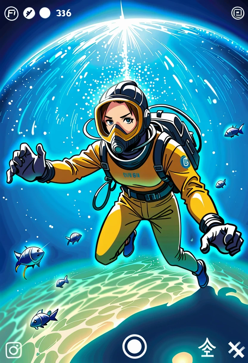 During the diving course,There is a lady wearing a diving suit and goggles,Wear a diving helmet, Instagram, A diver on the seabed, A diver on the seabed, old scuba, GoPro shooting, Abandoned diving mask, Underwater perspective, 3 6 0 capture, amanda clarke, Underwater shooting,