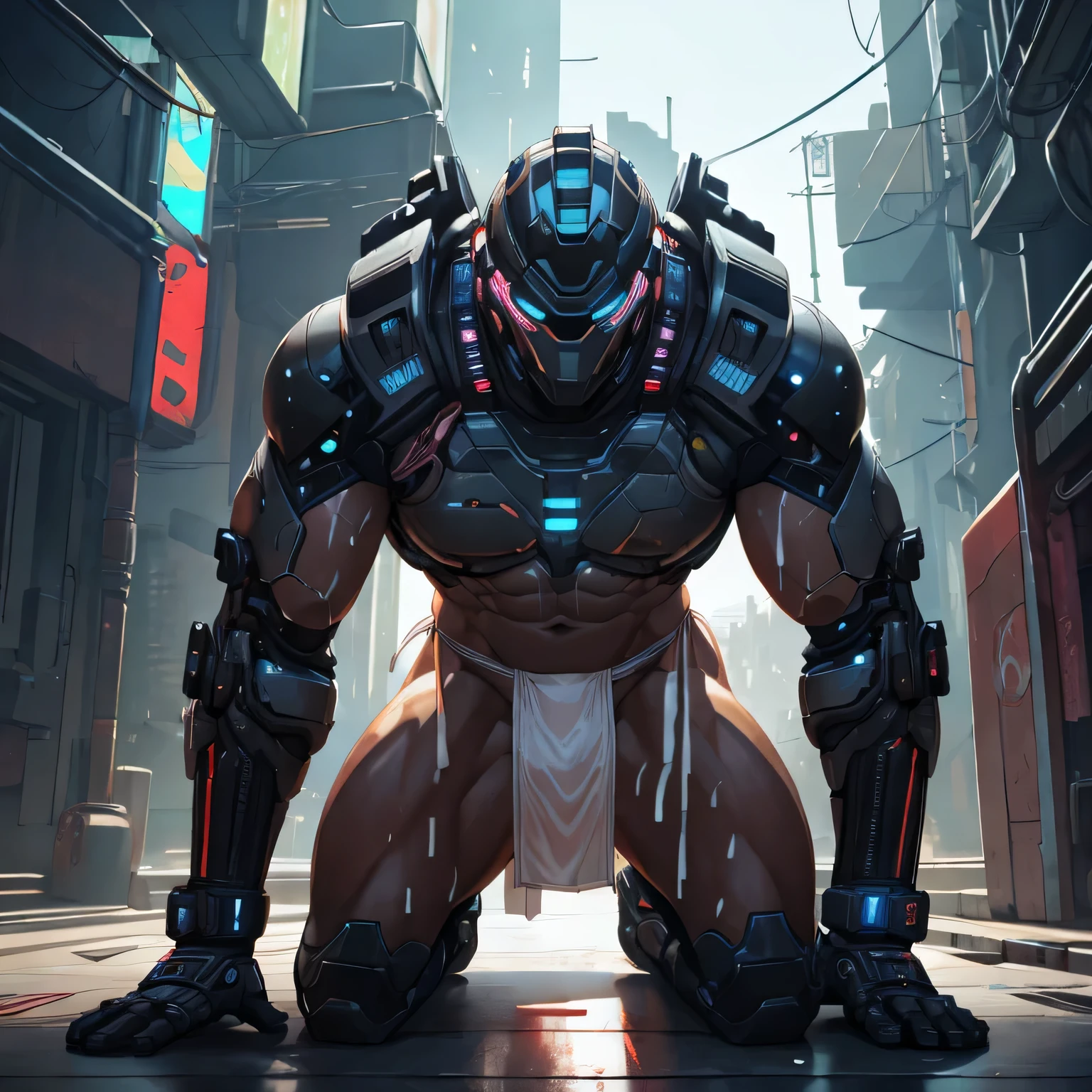 male, (human body, muscular, full nude, only Glowing cyberpunk future helmet, only skinny Transparent fundoshi, covered semen,) realistic, light skinned, big huge bulge, On all fours,