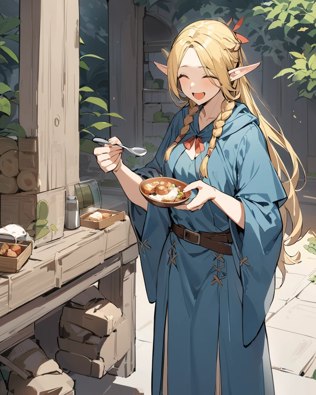 masterpiece, Top quality ï¼Œï¼Œ 1 girl, alone, Blonde, Round elf ears, Braiding, Fairy, Long Hair, close your eyes, Sandals, Robe, smile, Braiding, whole body, Open your mouth, Holding, belt, food, spoon, Are standing, dress, Wide sleeves, eating