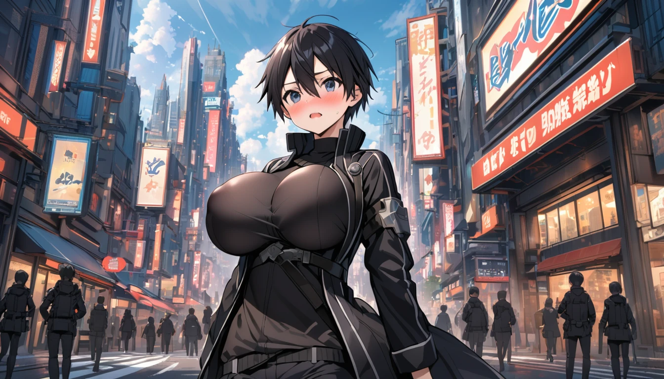 Kirito, Black Swordsman Clothing Overthrow Jacket Black Shirt, blush, big breast Breast expansion Standing alone in a sci-fi city full-body shot