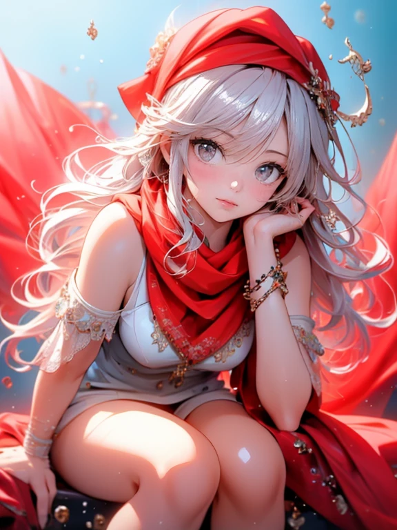 masterpiece: 1.2, highres,32k, photorealistic: 1.37, ultra-detailed: 1.2, cute girl in the sea, riding on dolphin, (cute red scarf on the neck: 1.4), smile Smells, Beautiful Delicate (Hair, Face, Scarf, Skin, Legs, Underwater): 1.4, Blushed Cheek, Half-Closed Mouth, Bright Rosy Lips, Sparkling Eyes, Delicate Pupils, Flowing Hair, Vibrant Color illustration