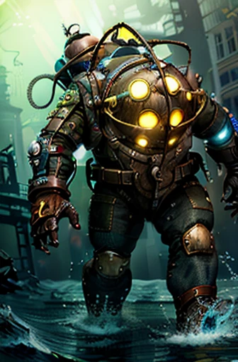 #quality(8k,wallpaper of extremely detailed CG unit, masterpiece,hight resolution,top-quality,top-quality real texture skin,hyper realisitic,increase the resolution,RAW photos,best qualtiy,highly detailed,the wallpaper,cinematic lighting,ray trace,golden ratio,), BREAK ,#1man(bigdaddyBS_soul3142, solo, gloves, standing, full body, yellow eyes, boots, water, glowing, robot,drill,walking the seafloor toward viewer),#background(under the sea,deep sea,dark,the sea floor,ruined metropolis in the water)