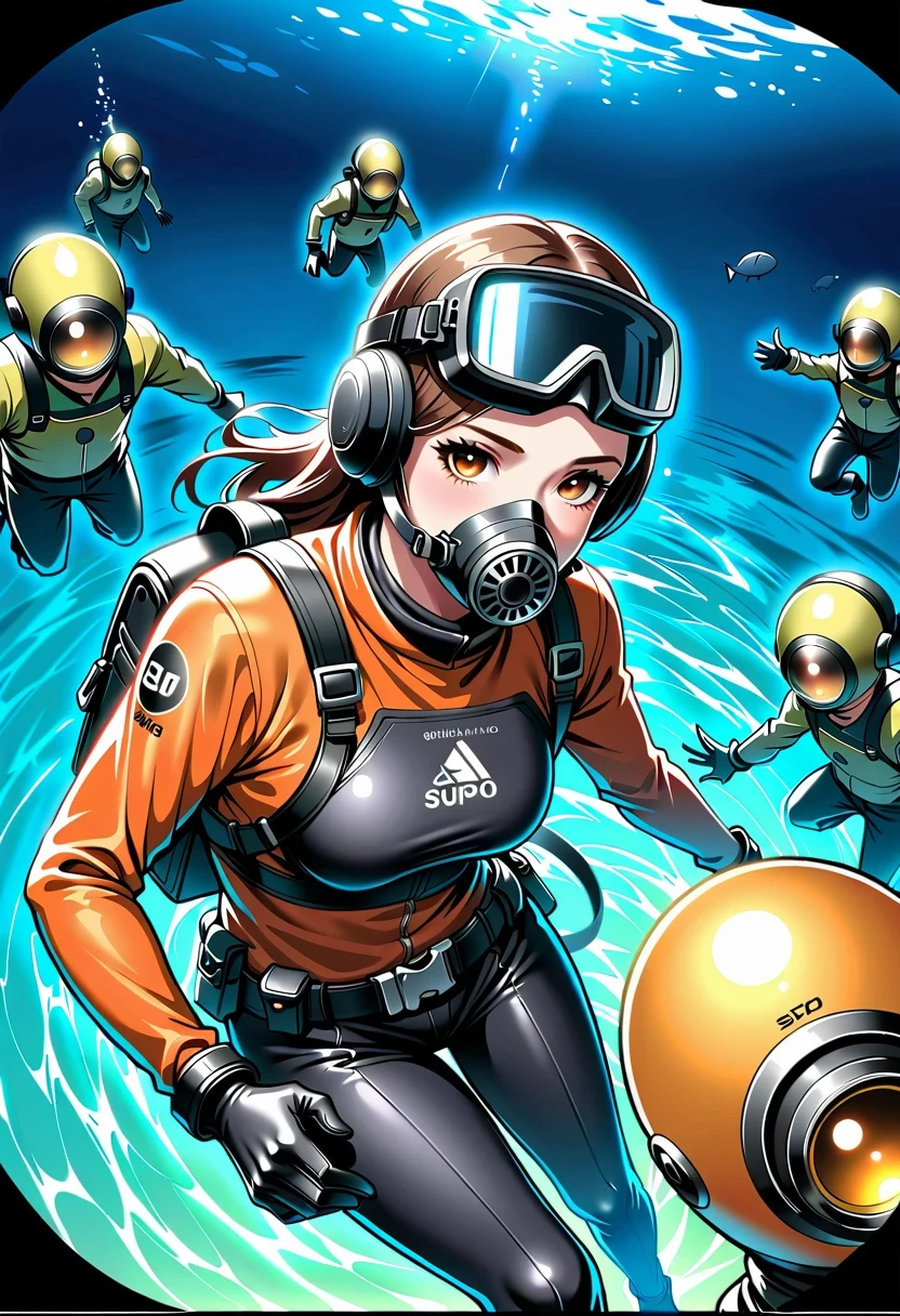 During the diving course,There is a lady wearing a diving suit and goggles,Wear a diving helmet, Instagram, A diver on the seabed, A diver on the seabed, old scuba, GoPro shooting, Abandoned diving mask, Underwater perspective, 3 6 0 capture, amanda clarke, Underwater shooting,