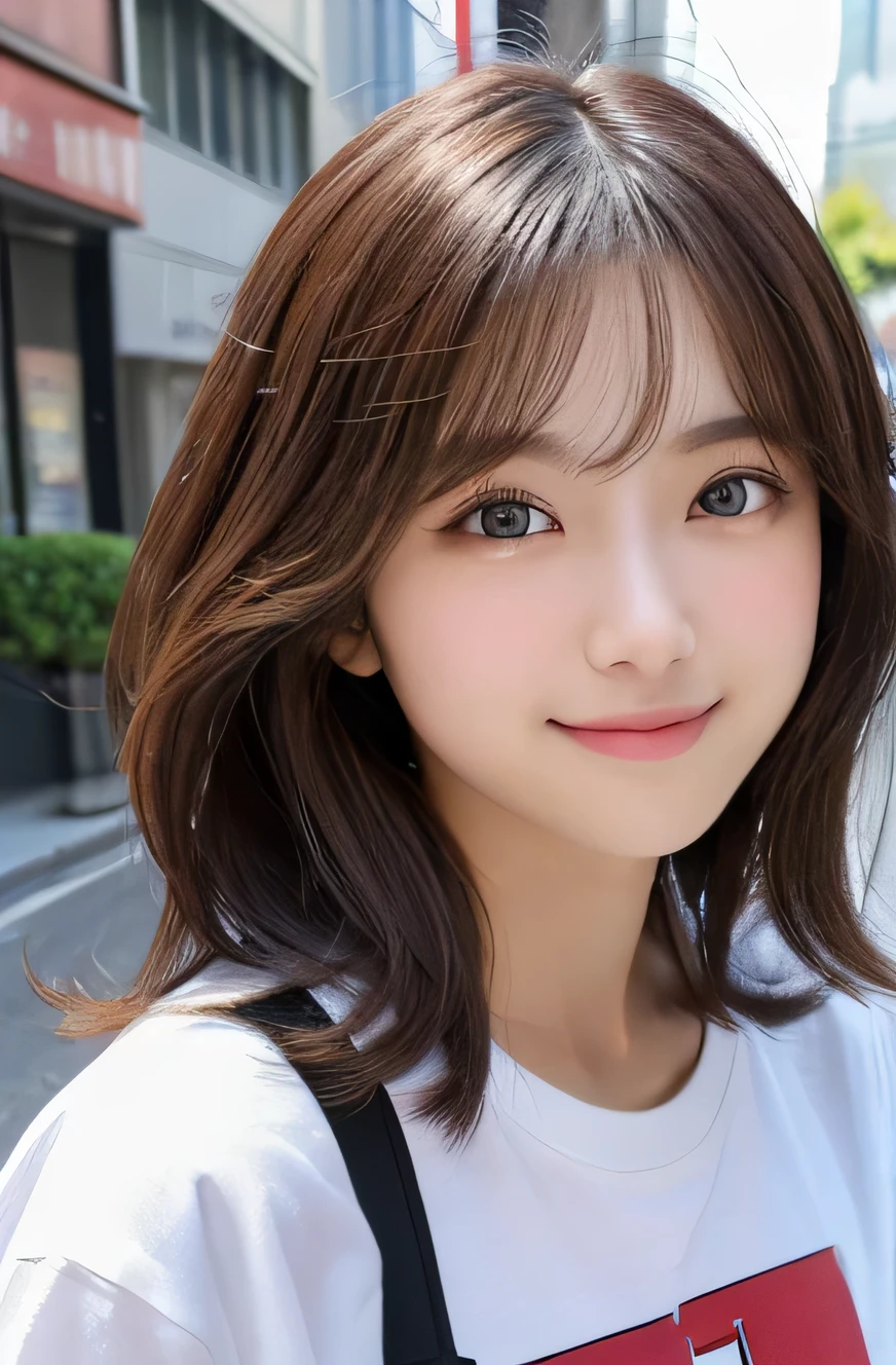 (top-quality,8K picture quality,masterpiece:1.3,),(超A high resolution:1.3,Photorealsitic:1.4,Raw photography:1.2),(ultra-detailliert:1.2,shinny skin,Detailed skin),(Detailed face,Perfect Anatomy,Caustics),1girl,kawaii,japanese,22year old,Japanese ido,Natural brown hair,shoulder length hair,Pretty eyes, round big eyes, drooping eyes, natural make up,Oversized T-shirt,a smile,Looking at the camera,up on the face,Face Focus,street corner,Professional lighting,natural soft light,