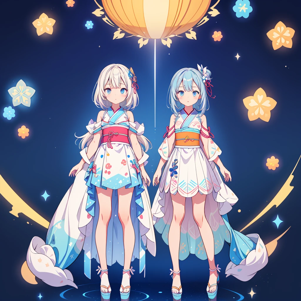 vtuber-halfbody、standing strait、super high quality、masterpiece、muste piece、1 girl, Milky white smooth long hair　blue gradation、 full body、A mini dress that is a remake of a galaxy-patterned yukata.、shoulder-length、 Waiting to start